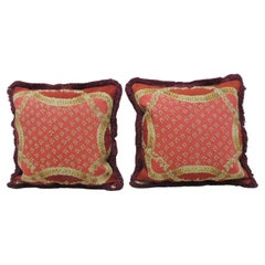 Pair of Red and Gold Ribbon Pattern Tapestry Decorative Pillows