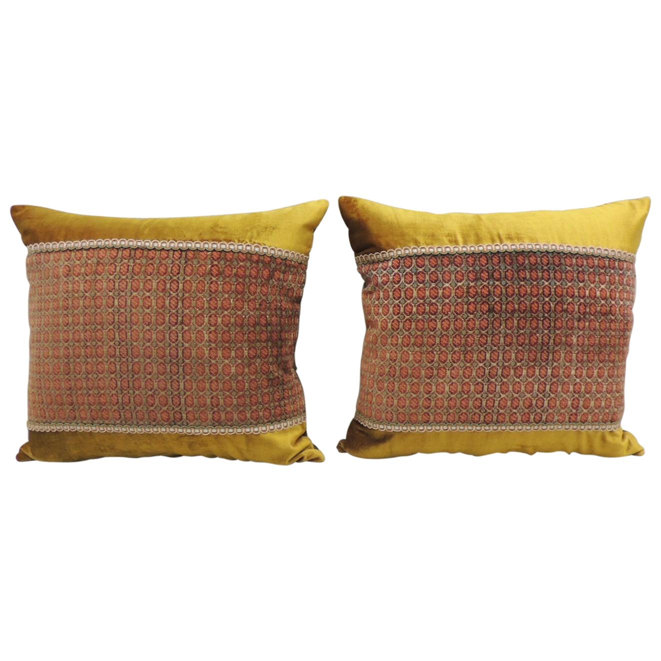 Pair of Red and Gold Silk Velvet Square Decorative Pillows
