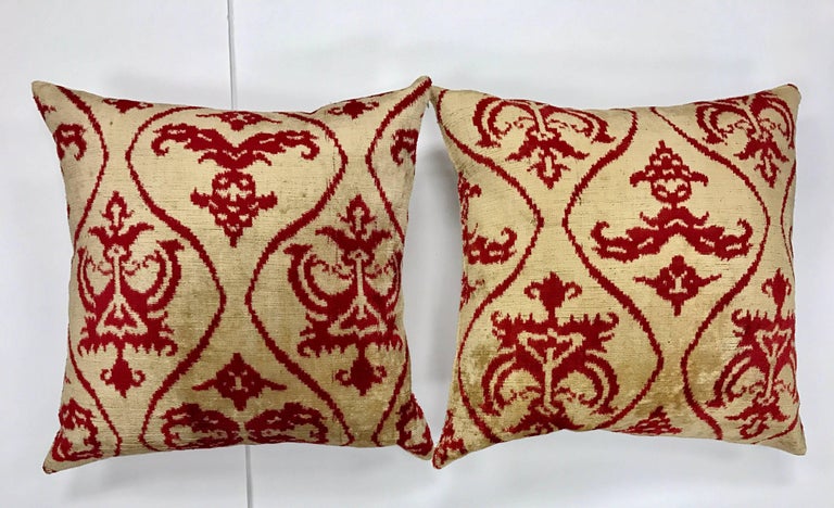 Pair Of Red And Golden Tan Silk Ikat Pillows For Sale At 1stdibs