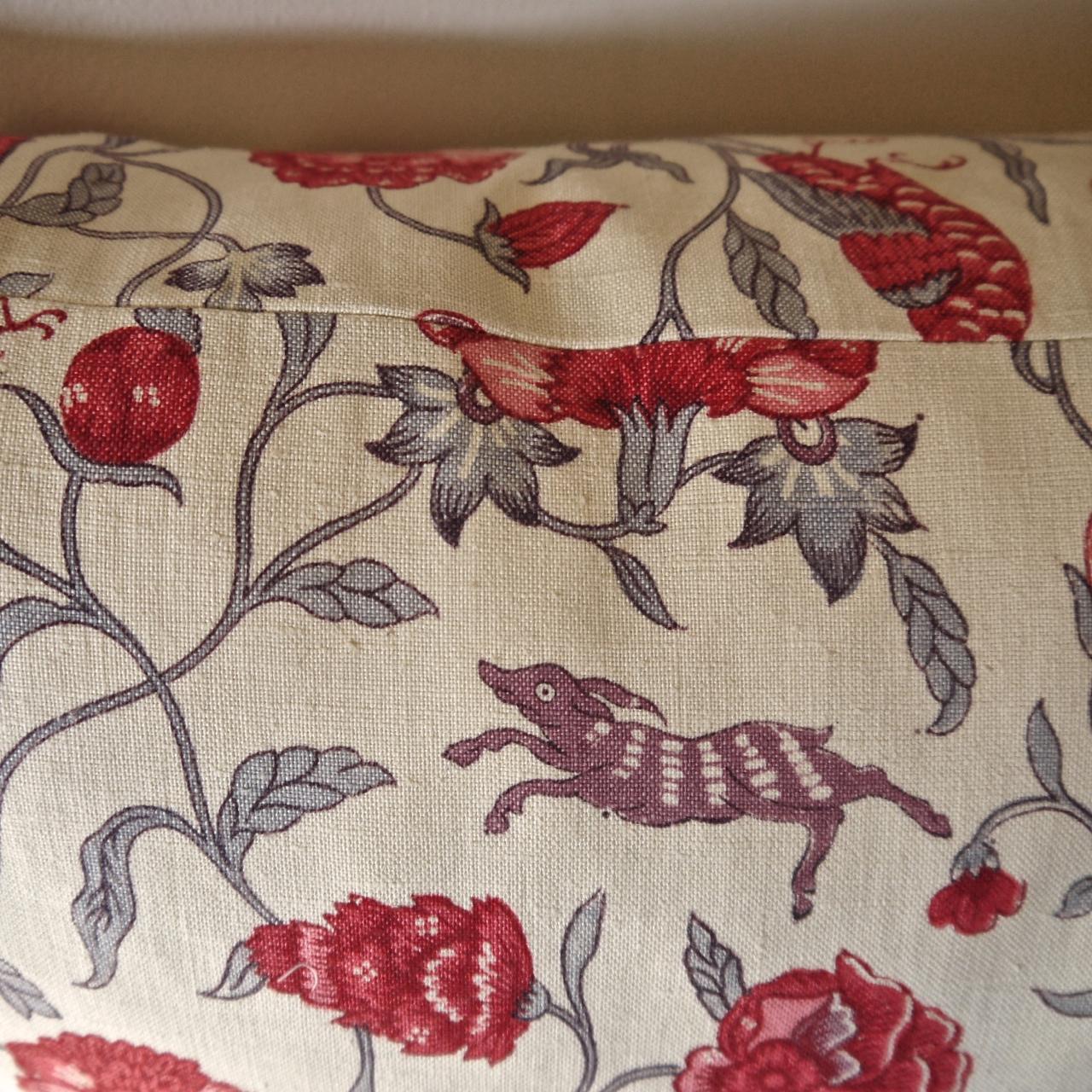 Pair of Red and Grey Birds and Flowers Linen Pillows, French, Early 20th Century 6