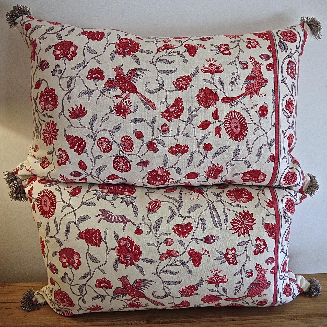 Pair of Red and Grey Birds and Flowers Linen Pillows, French, Early 20th Century In Excellent Condition In London, GB