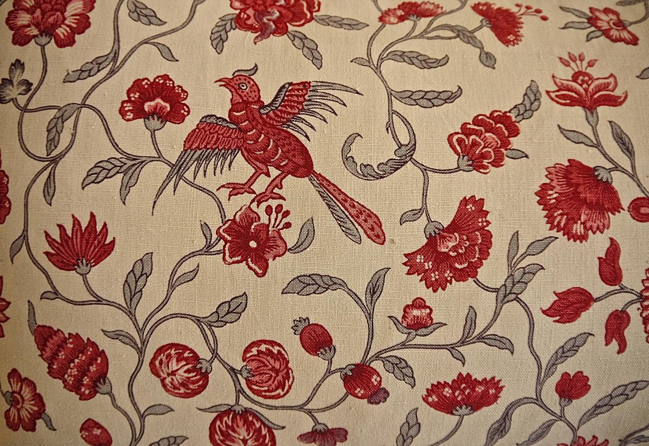 Pair of Red and Grey Birds and Flowers Linen Pillows, French, Early 20th Century 3