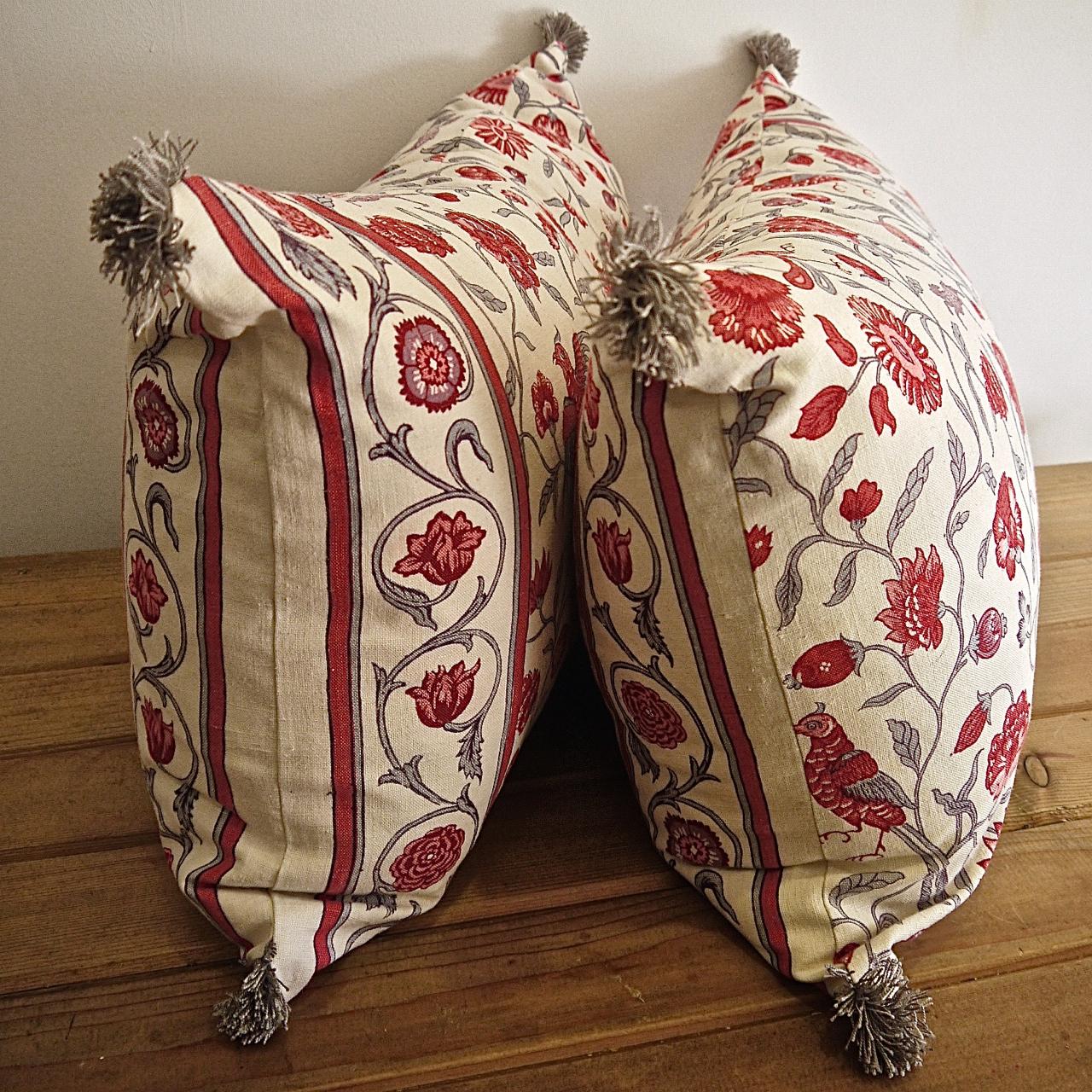Pair of Red and Grey Birds and Flowers Linen Pillows, French, Early 20th Century 5