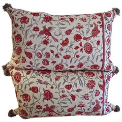 Pair of Red and Grey Birds and Flowers Linen Pillows, French, Early 20th Century