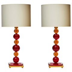 Pair of Red and Orange Murano Glass Balls Table Lamps