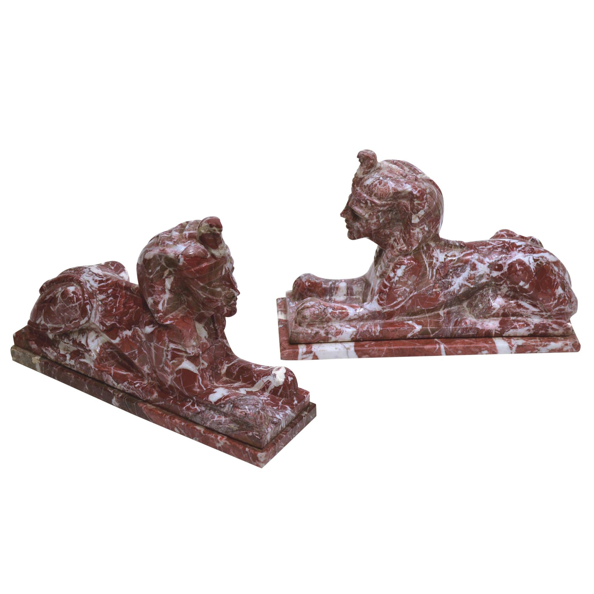 Pair of Red and White Marble Sphinx For Sale