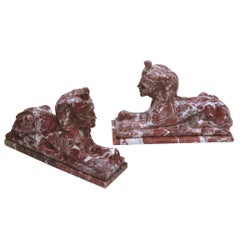 Pair of Red and White Marble Sphinx