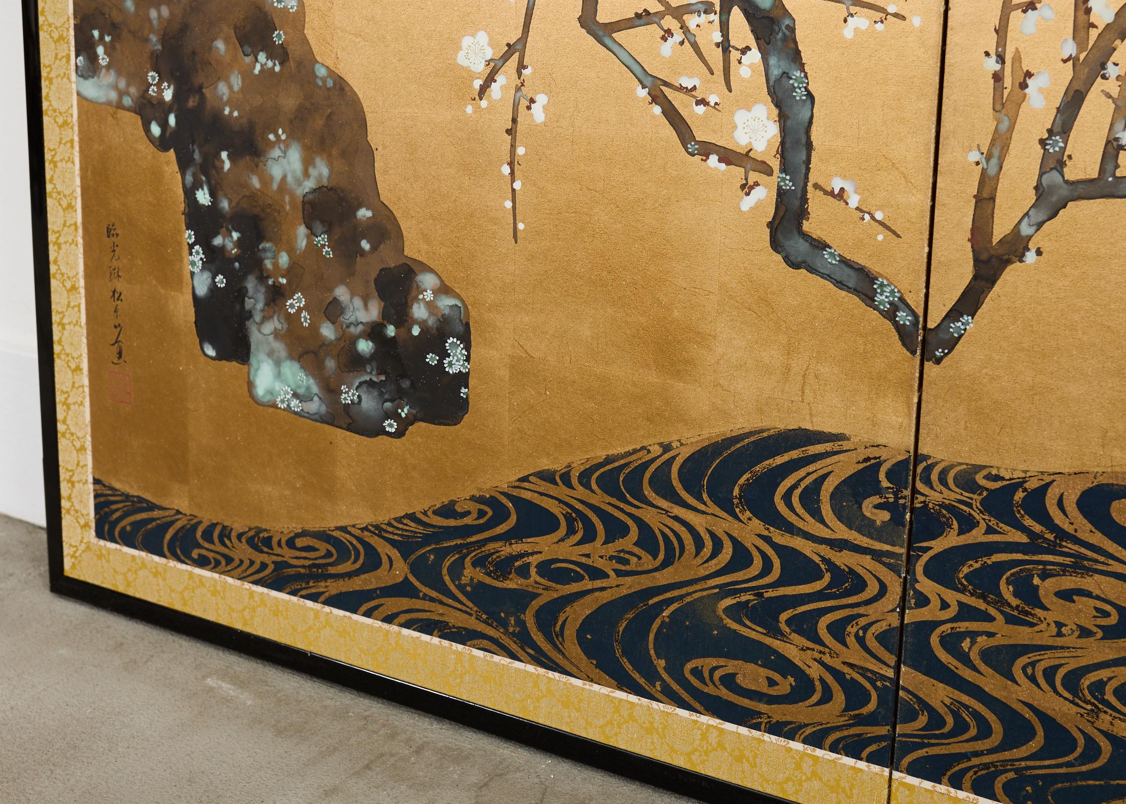 Pair of Red and White Plum Blossom Screens After Ogata Korin For Sale 2