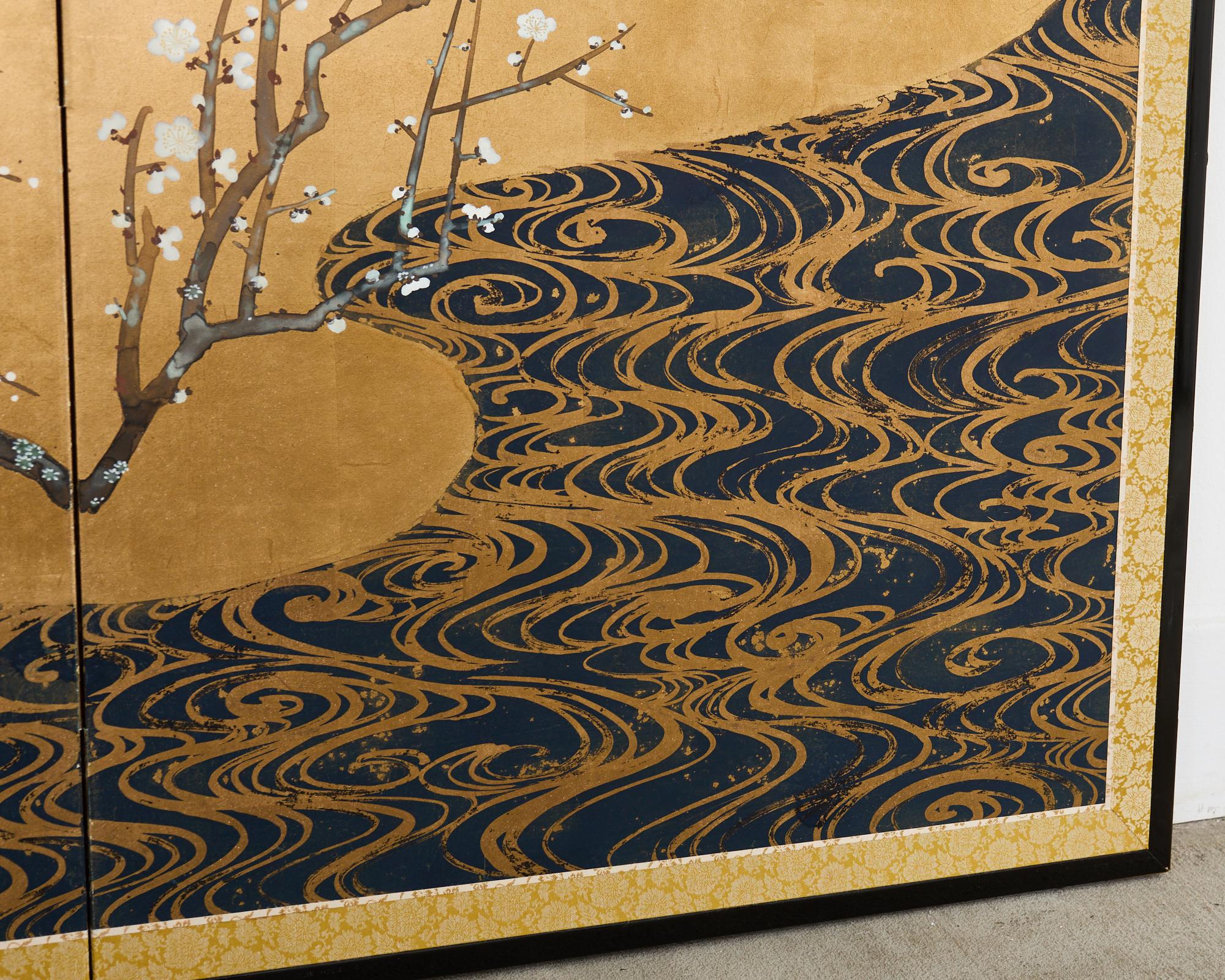 Pair of Red and White Plum Blossom Screens After Ogata Korin For Sale 3