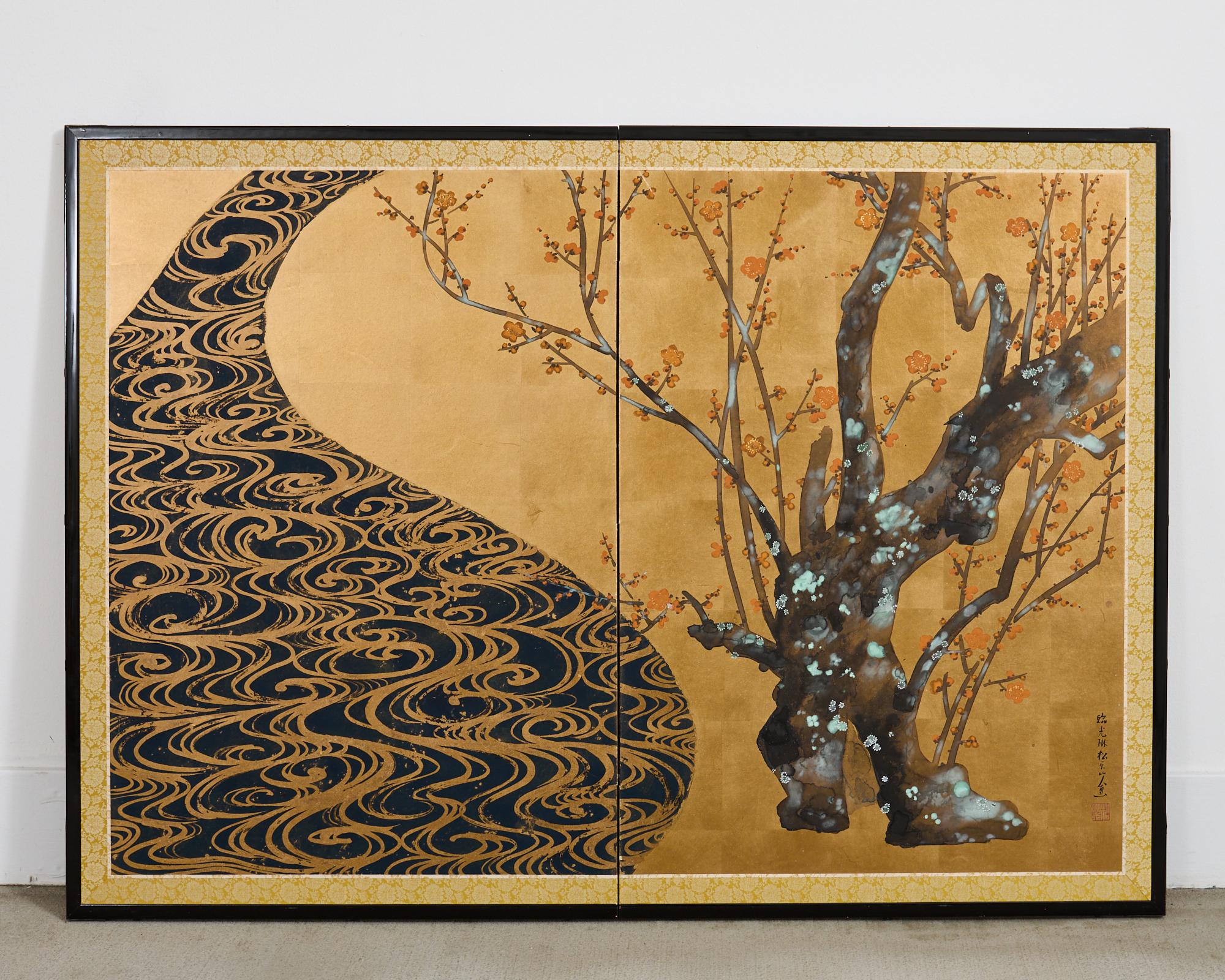 Pair of Red and White Plum Blossom Screens After Ogata Korin For Sale 4