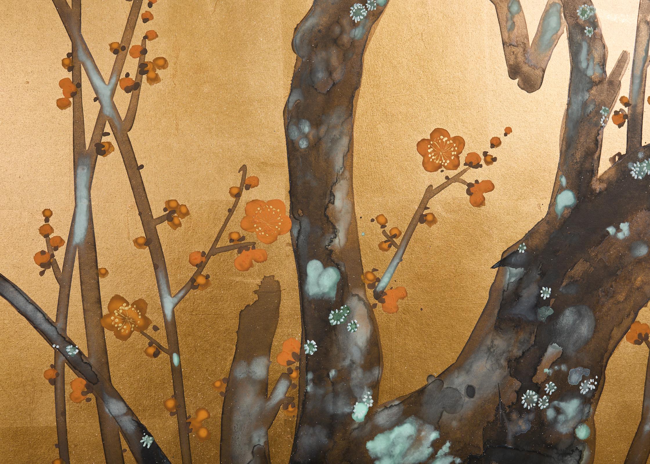 Pair of Red and White Plum Blossom Screens After Ogata Korin For Sale 6