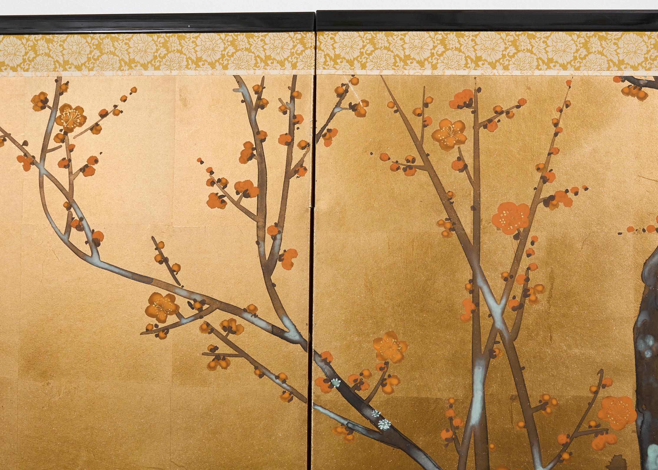 Pair of Red and White Plum Blossom Screens After Ogata Korin For Sale 7