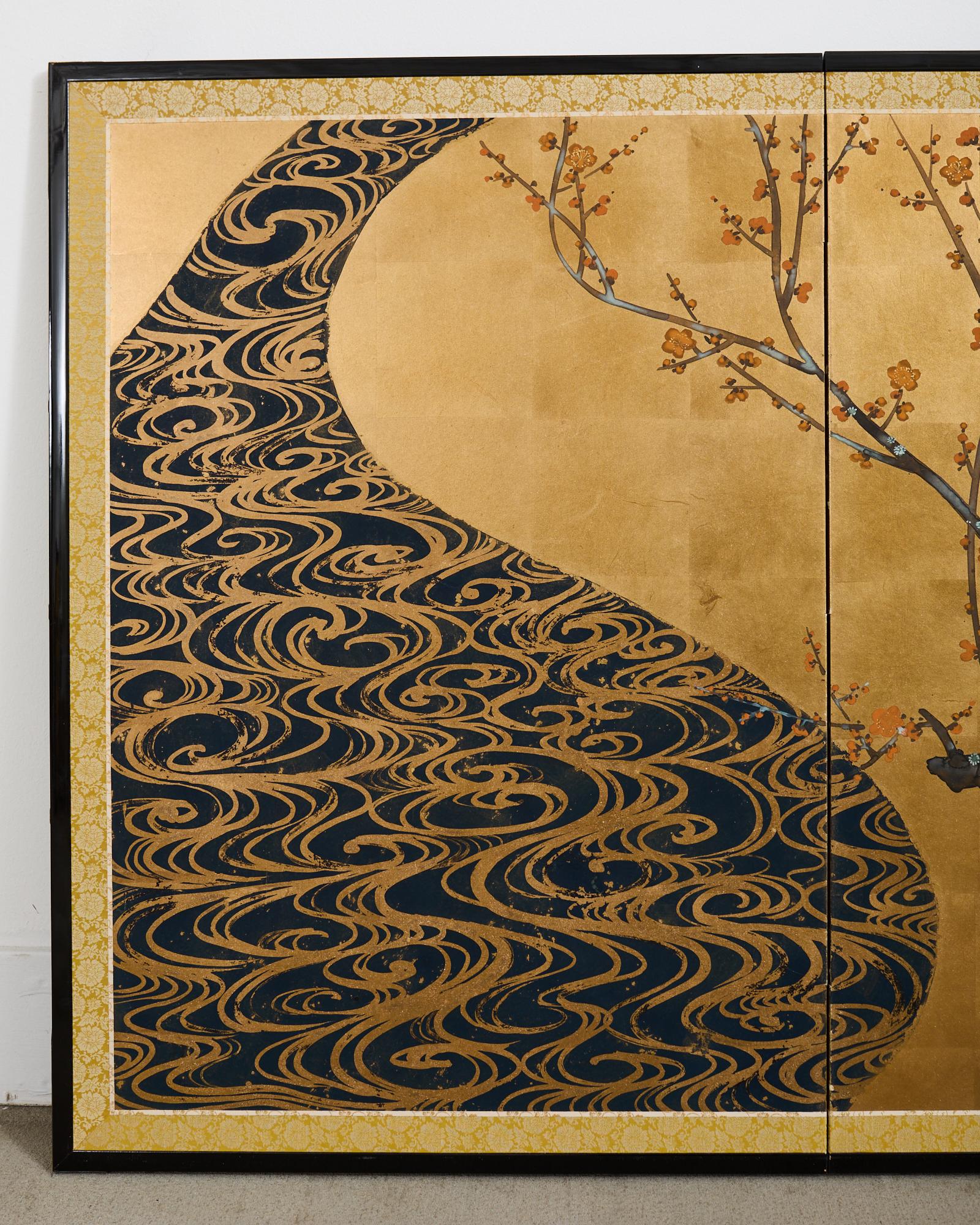 Pair of Red and White Plum Blossom Screens After Ogata Korin For Sale 8