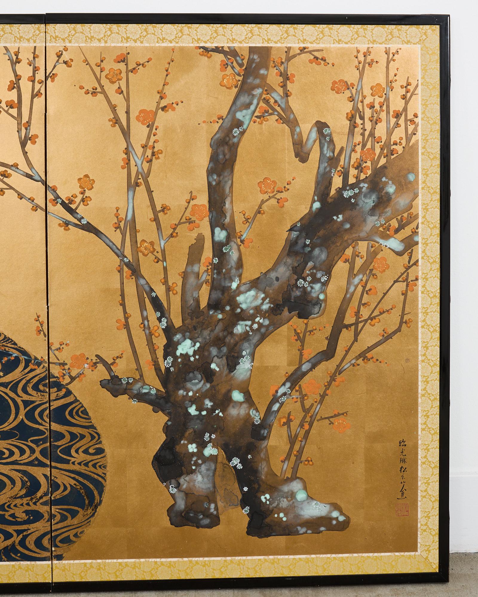 Pair of Red and White Plum Blossom Screens After Ogata Korin For Sale 9