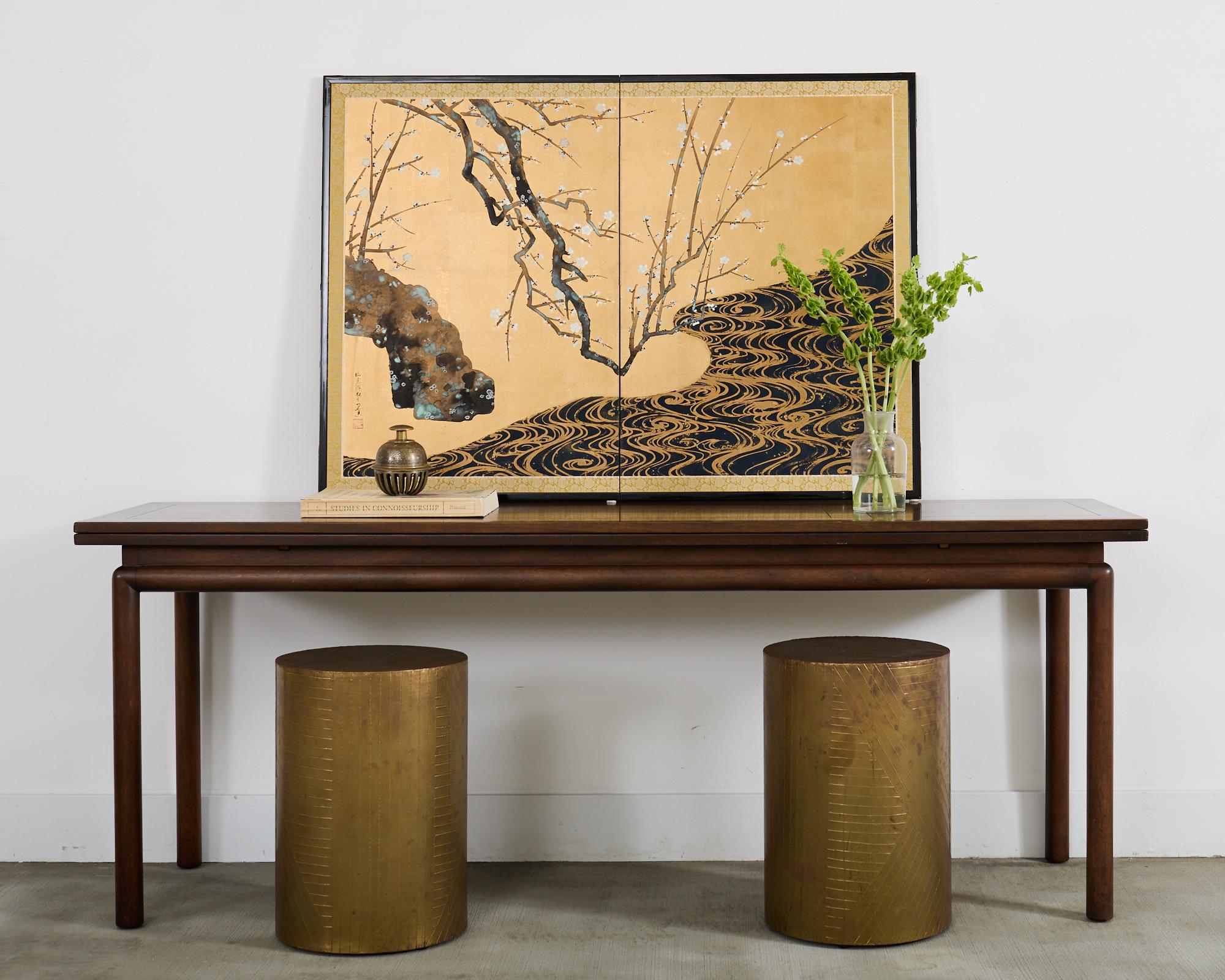 Amazing pair of 18th century Edo period style paintings of red and white plum blossoms after Ogata Korin (Japanese 1658-1716). One of the most famous paintings in Japan where it is registered as a national treasure. The screens were painted by a