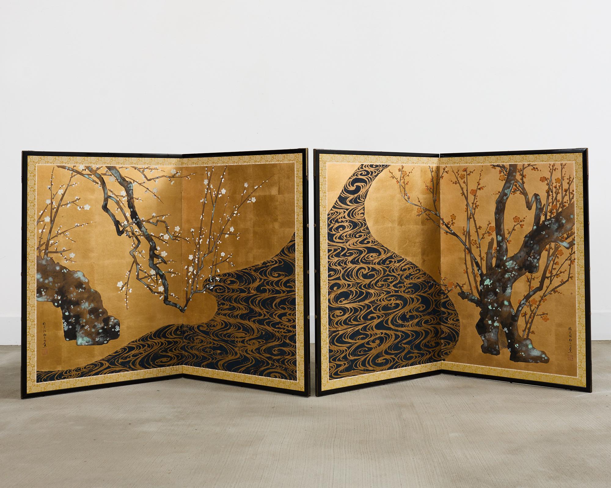 Edo Pair of Red and White Plum Blossom Screens After Ogata Korin For Sale