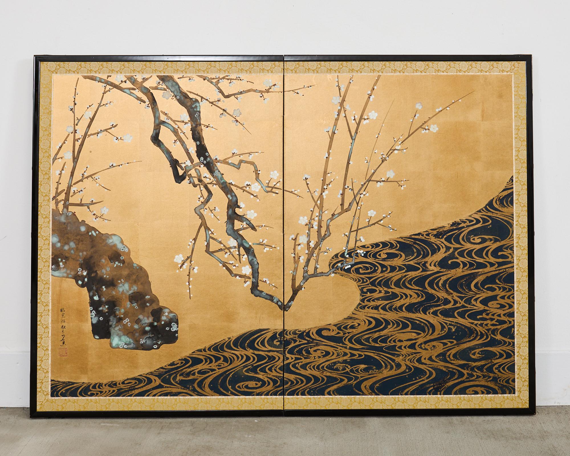 Japanese Pair of Red and White Plum Blossom Screens After Ogata Korin For Sale