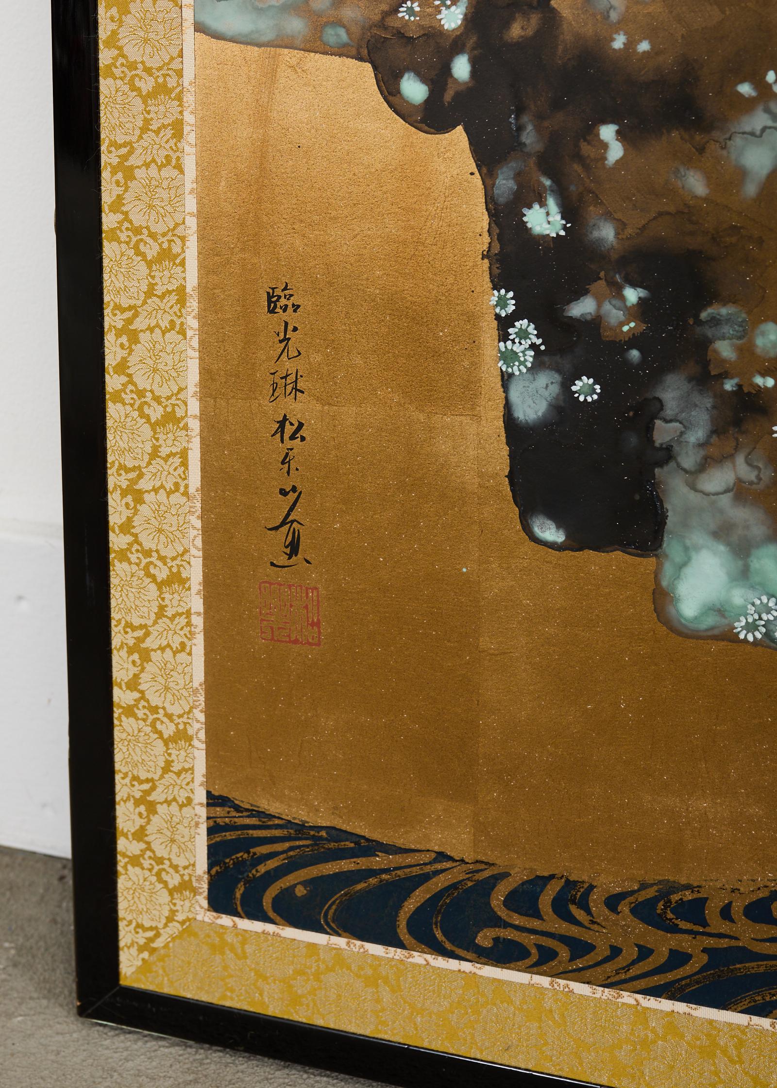 20th Century Pair of Red and White Plum Blossom Screens After Ogata Korin For Sale