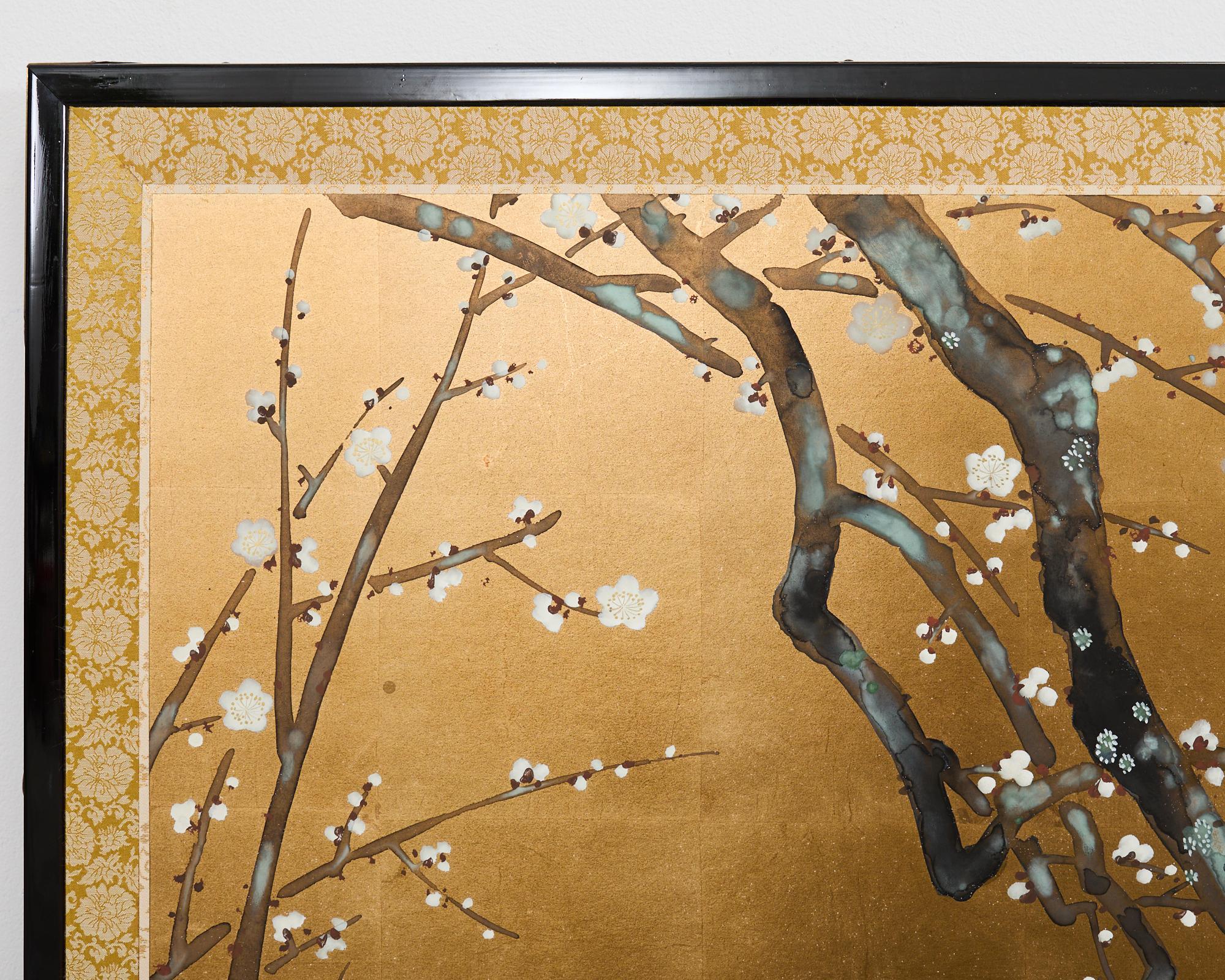 Brass Pair of Red and White Plum Blossom Screens After Ogata Korin For Sale