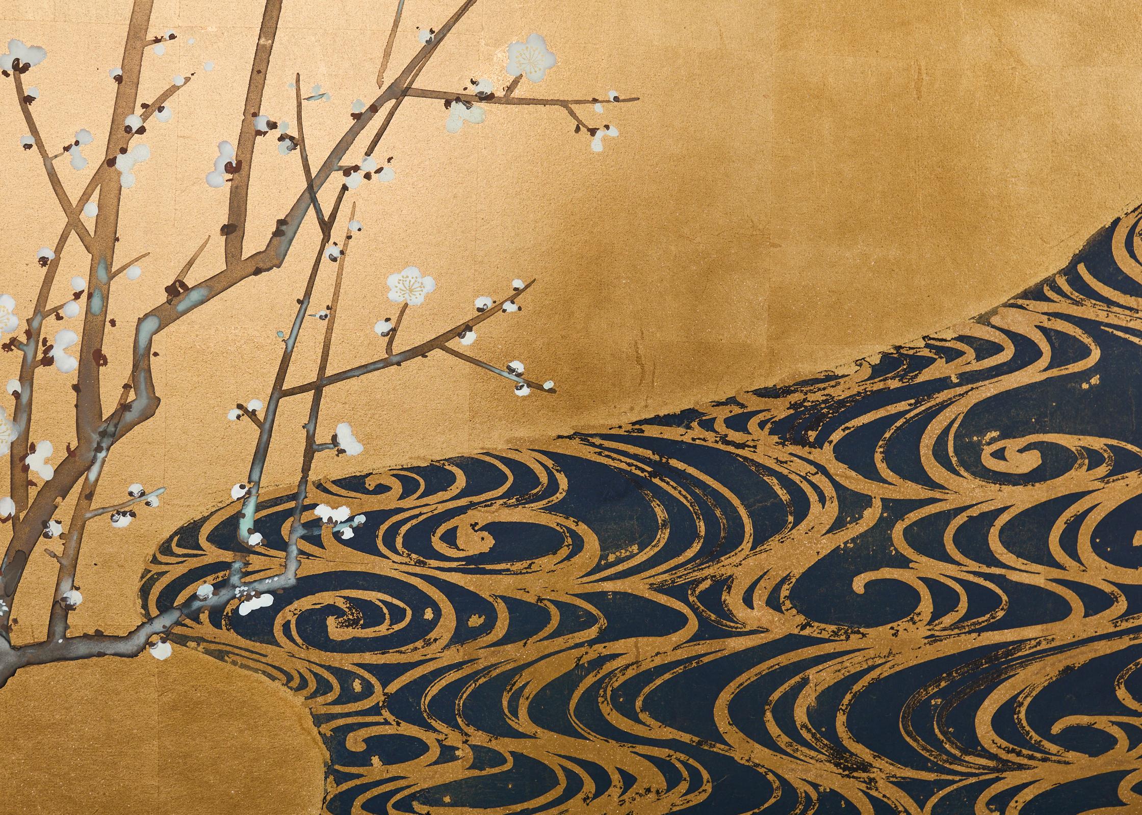 Pair of Red and White Plum Blossom Screens After Ogata Korin For Sale 1