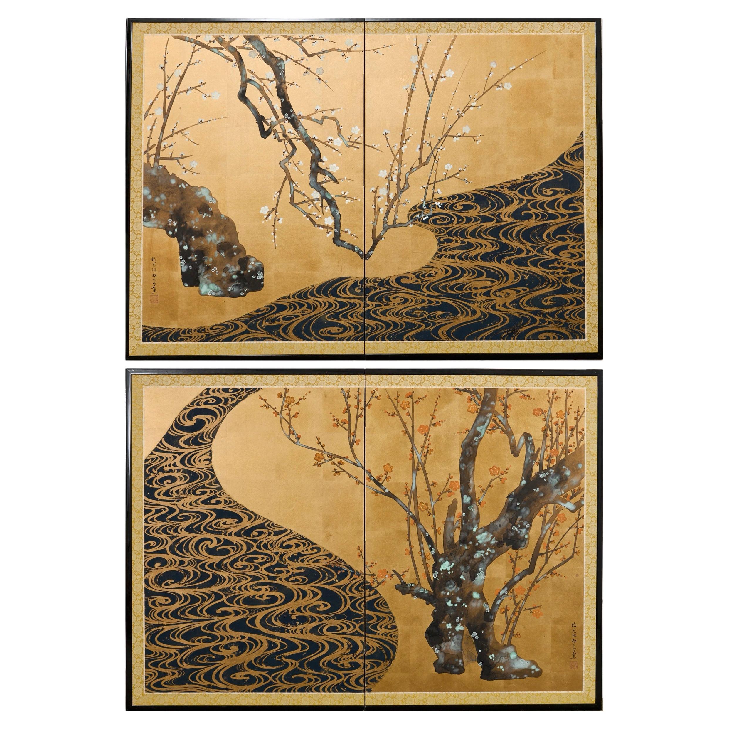 Pair of Red and White Plum Blossom Screens After Ogata Korin For Sale