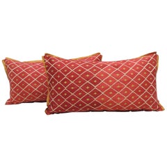 Antique Pair of Red and Yellow "Phulkari" Embroidery Silk Bolster Decorative Pillows