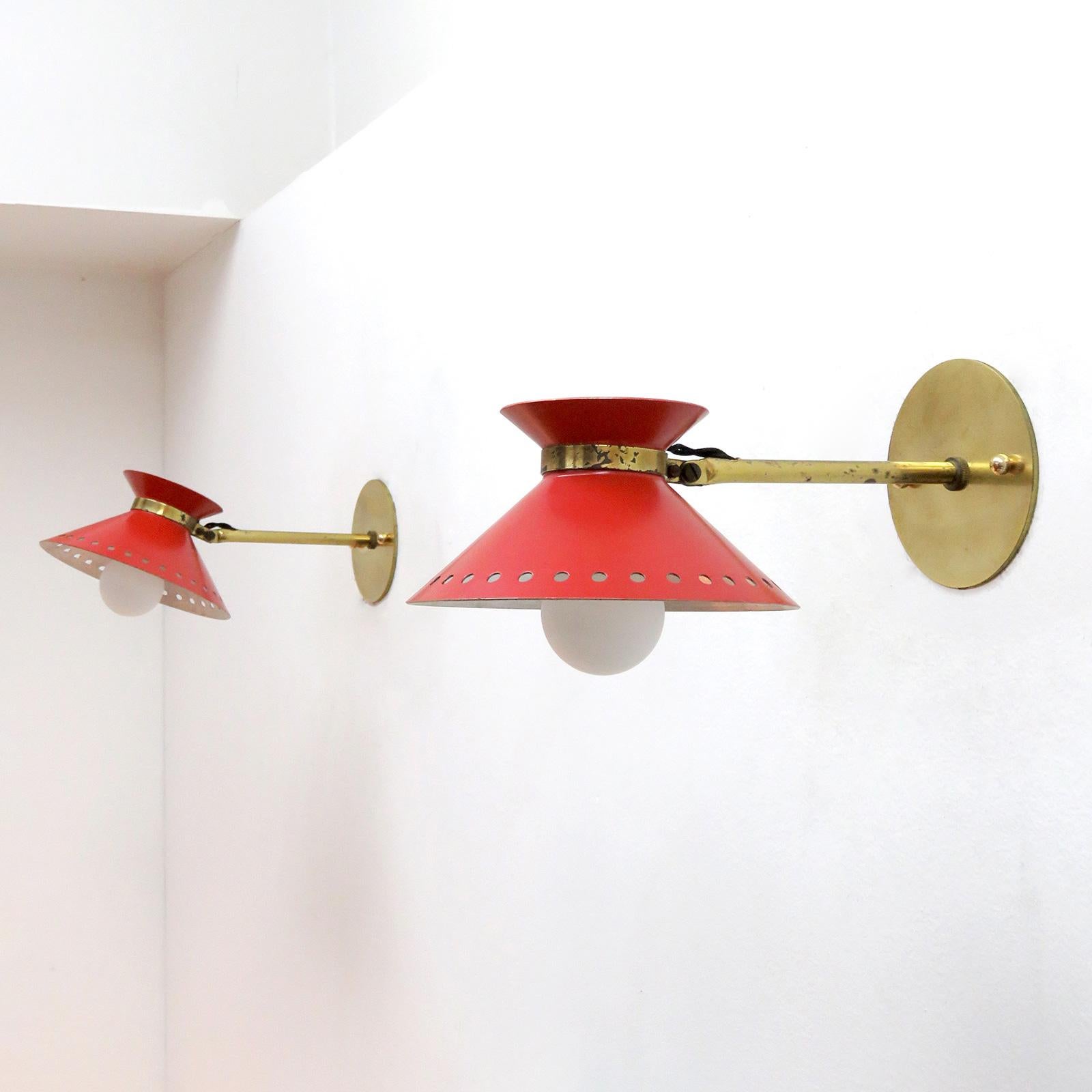 Pair of Red Arlus Wall Lights, 1950 In Good Condition In Los Angeles, CA