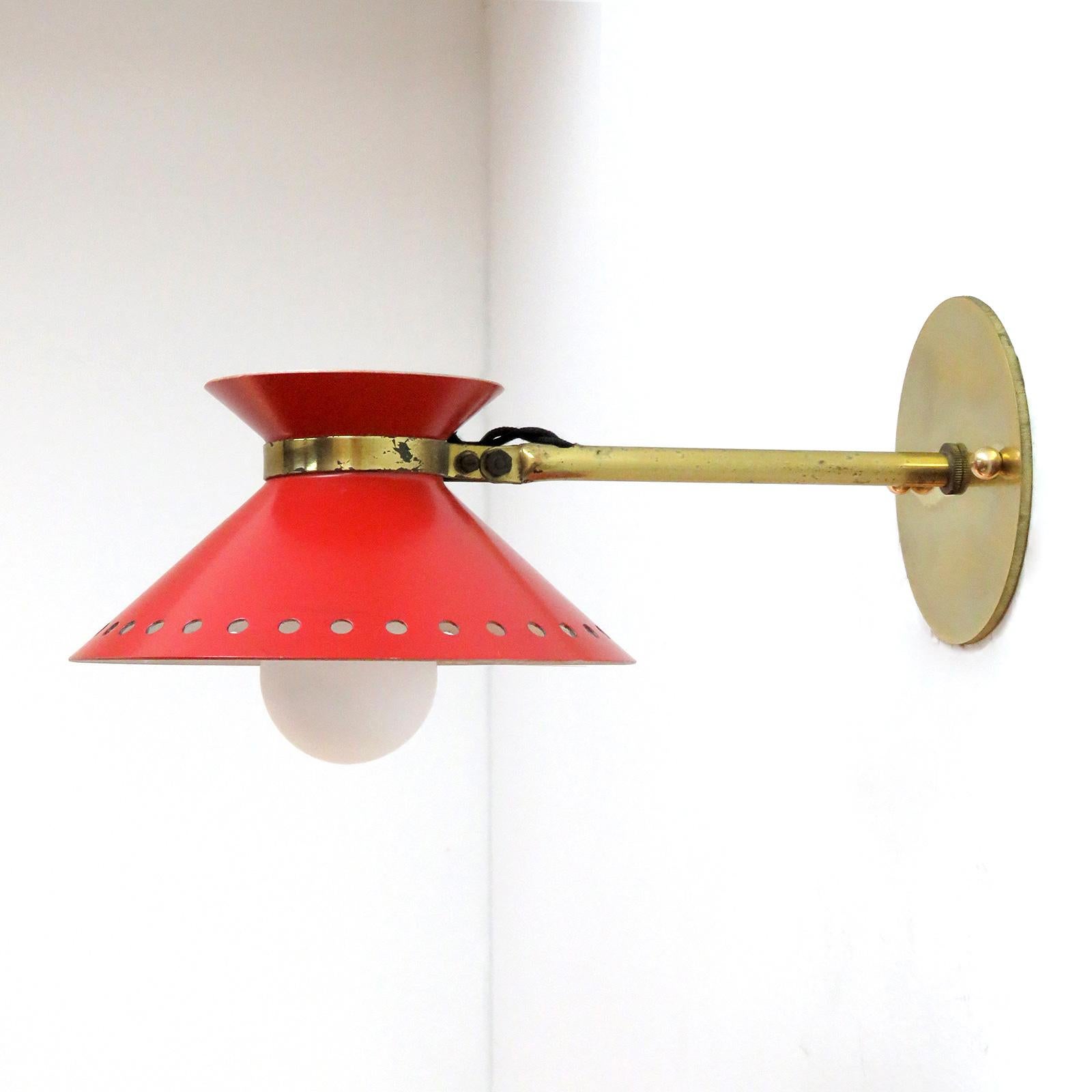 Brass Pair of Red Arlus Wall Lights, 1950 For Sale