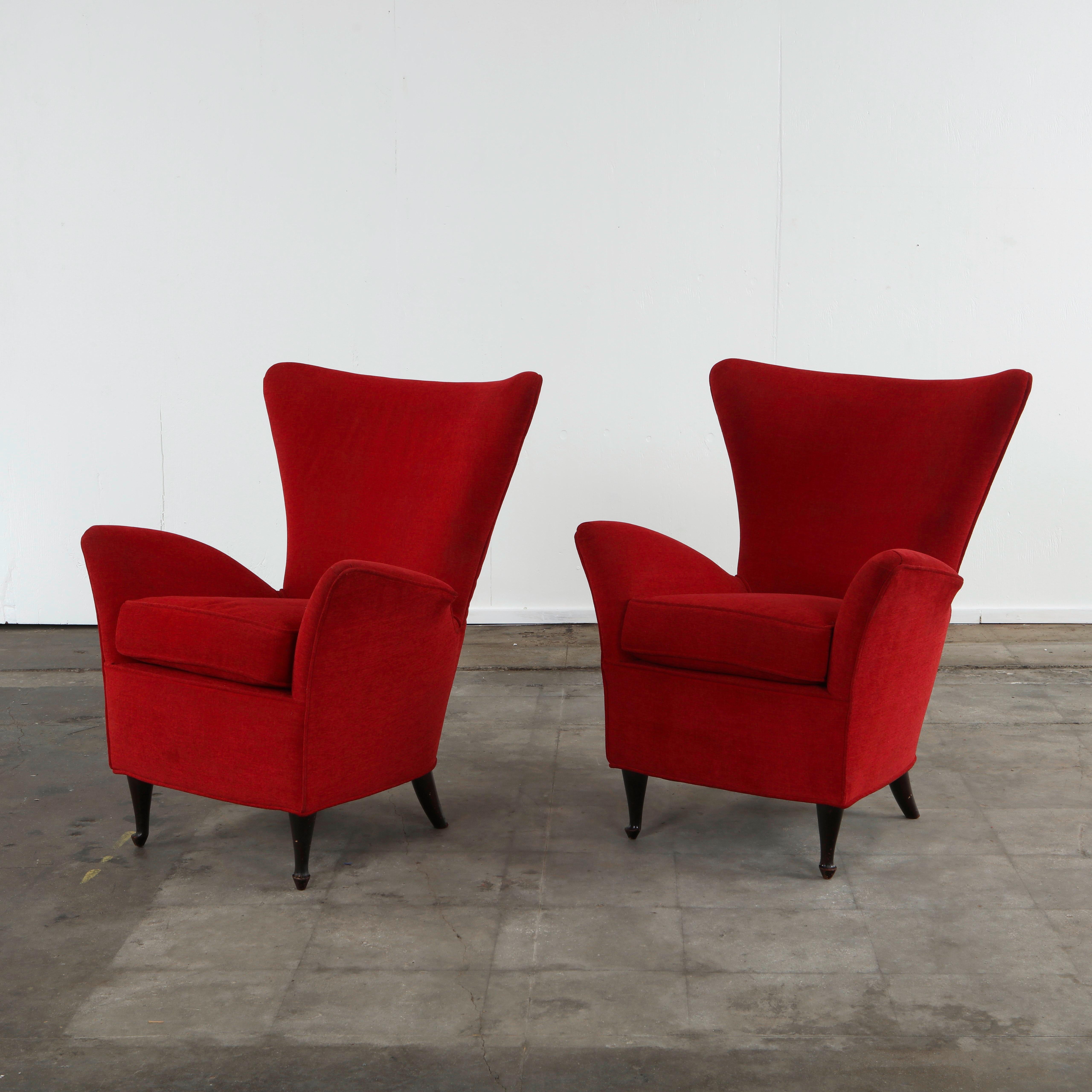 Fabric Pair of Red Armchairs in the Style of Paolo Buffa, 1960s For Sale