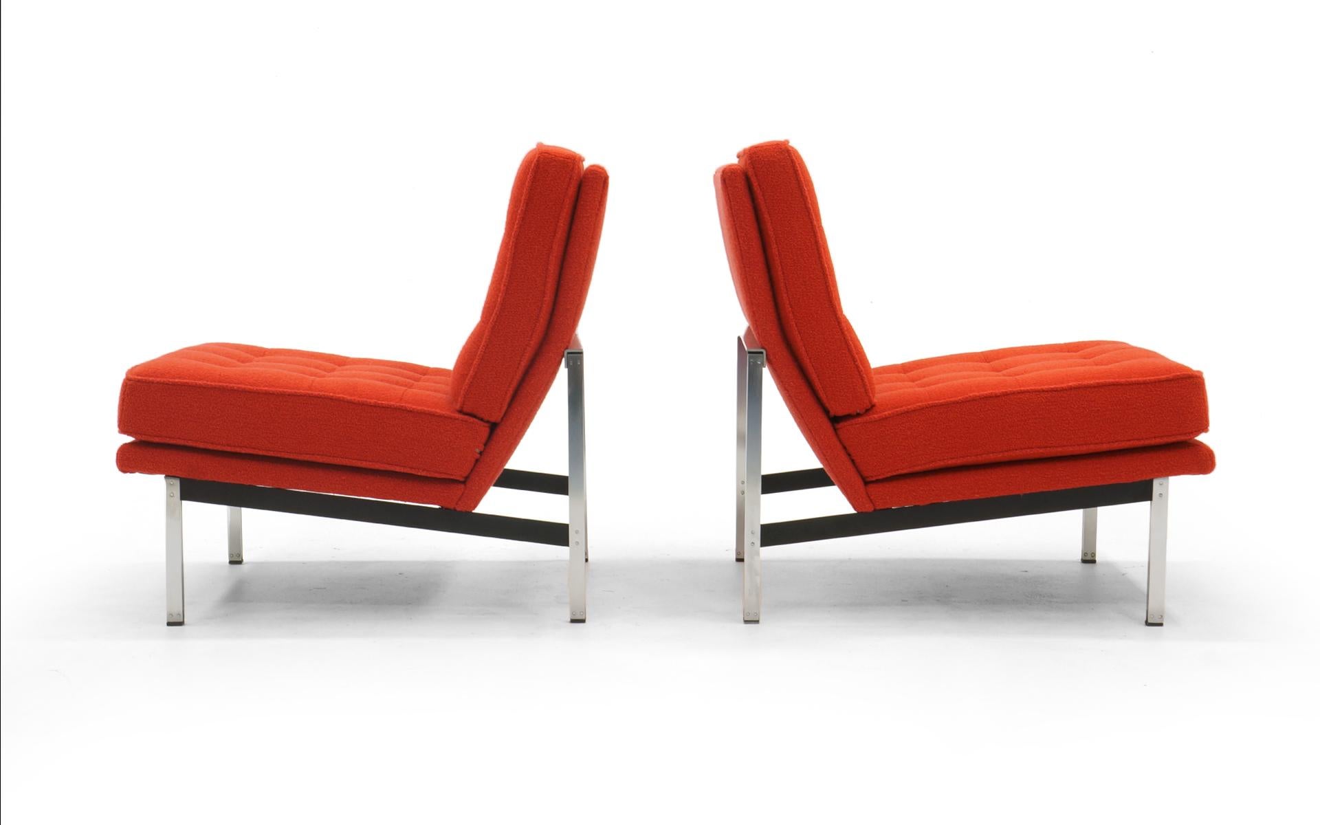 Mid-Century Modern Pair Armless Lounge Chairs by Florence Knoll. Restored in Classic Boucle.   