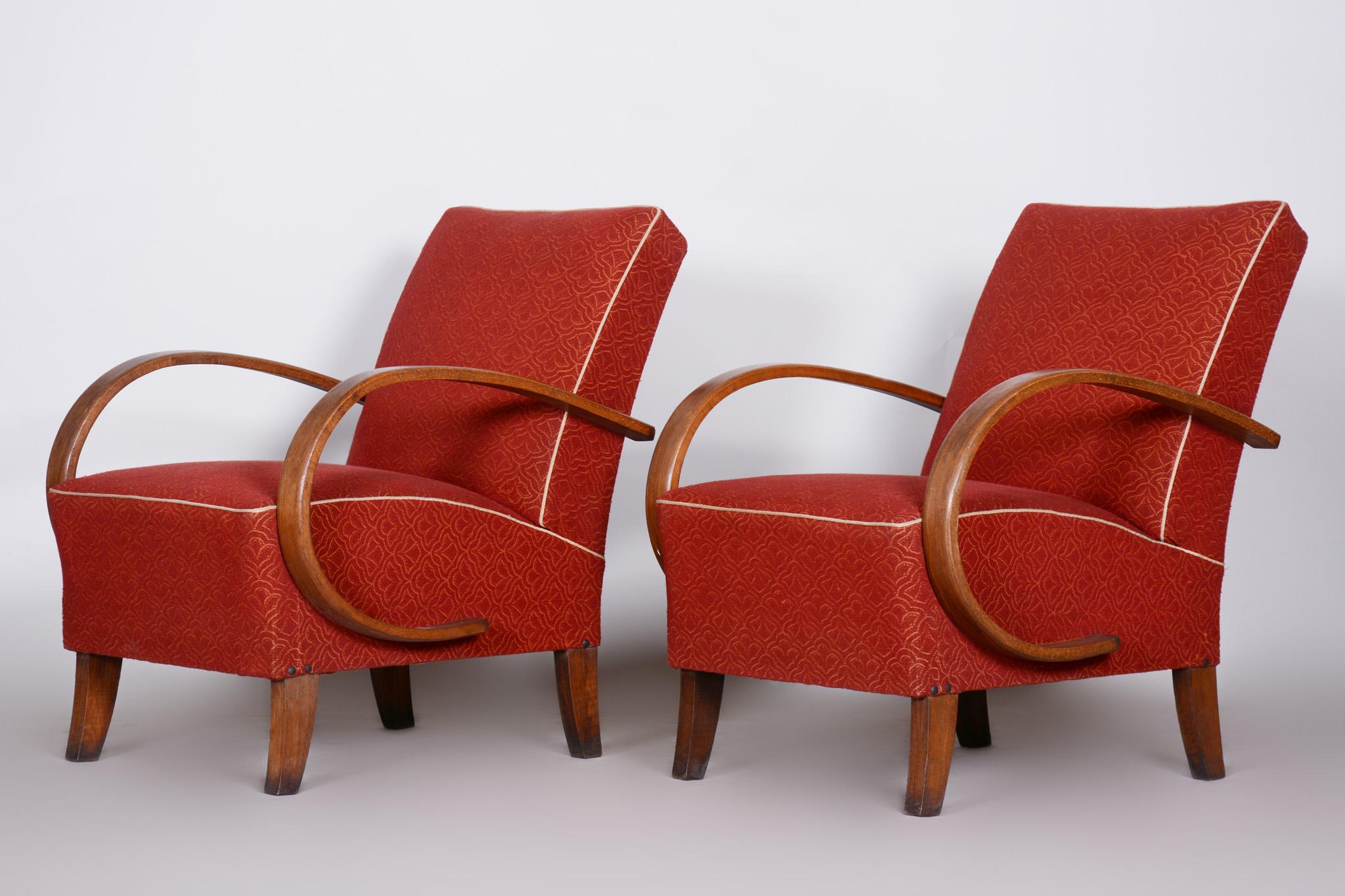 Tissu Paire de fauteuils Art déco rouges en hêtre d'origine fabriqués dans les années 1930, état d'origine en vente