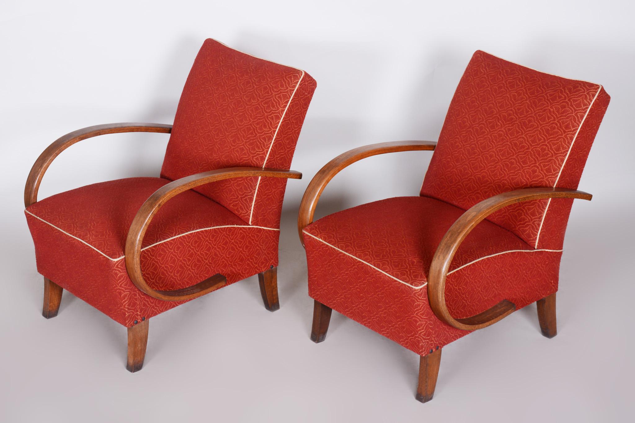 Paire de fauteuils Art déco rouges en hêtre d'origine fabriqués dans les années 1930, état d'origine en vente 1