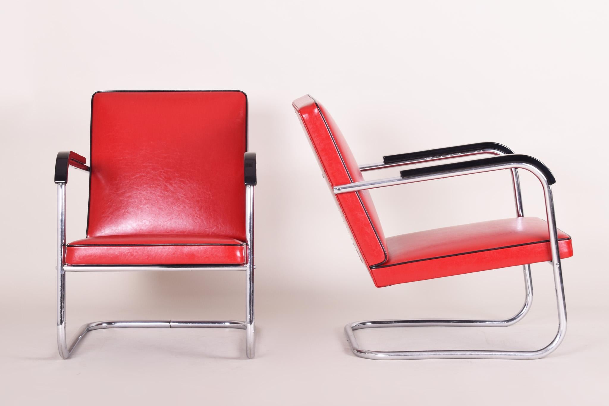 Czech Pair of Red Bauhaus Armchairs Made in 30s Germany, Designed by Anton Lorenz For Sale