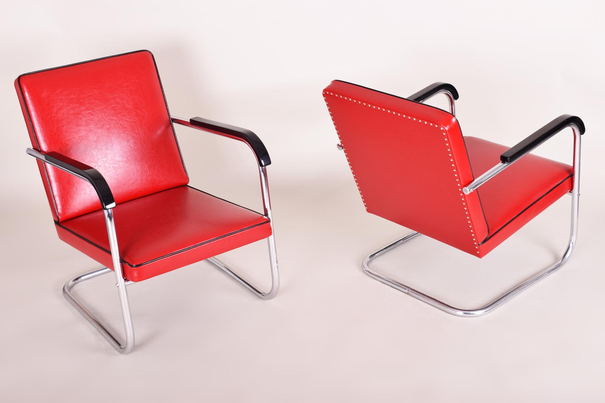 Steel Pair of Red Bauhaus Armchairs Made in 30s Germany, Designed by Anton Lorenz For Sale