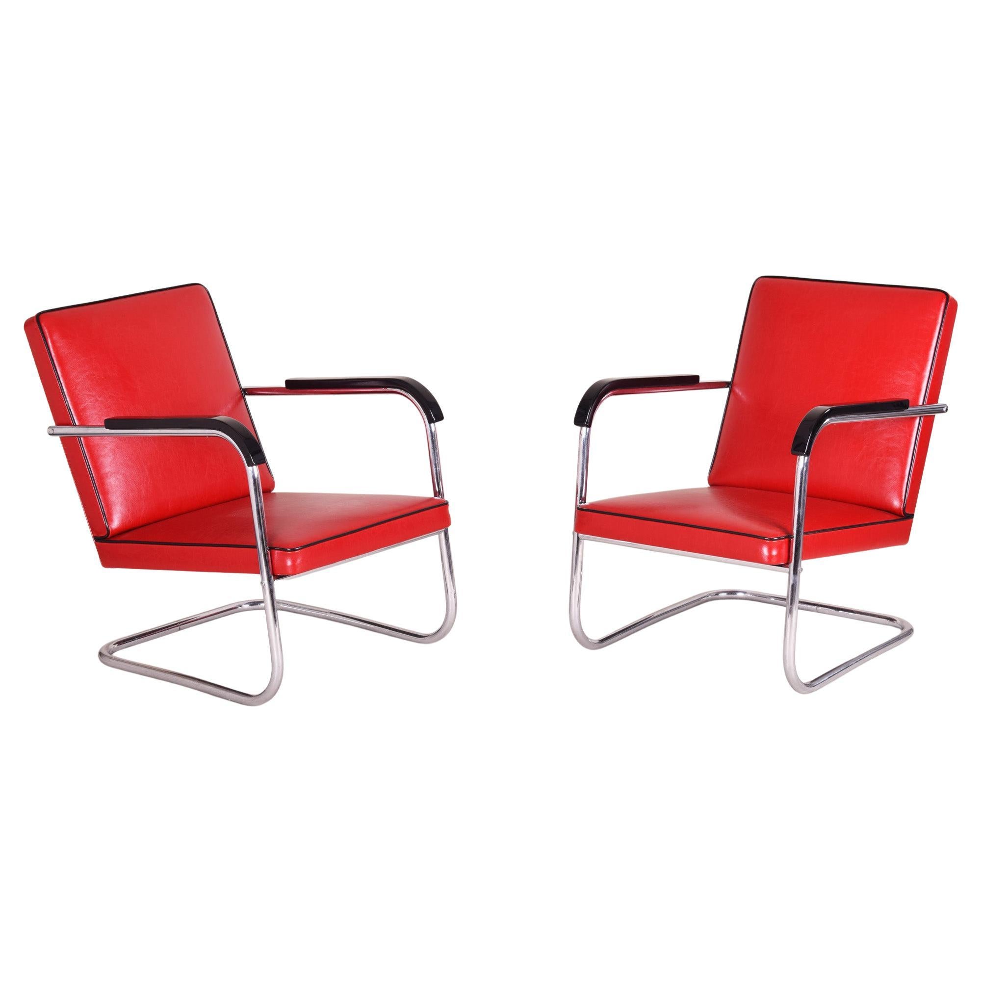 Paire de fauteuils Bauhaus rouges fabriqués en Allemagne dans les années 30, conçus par Anton Lorenz