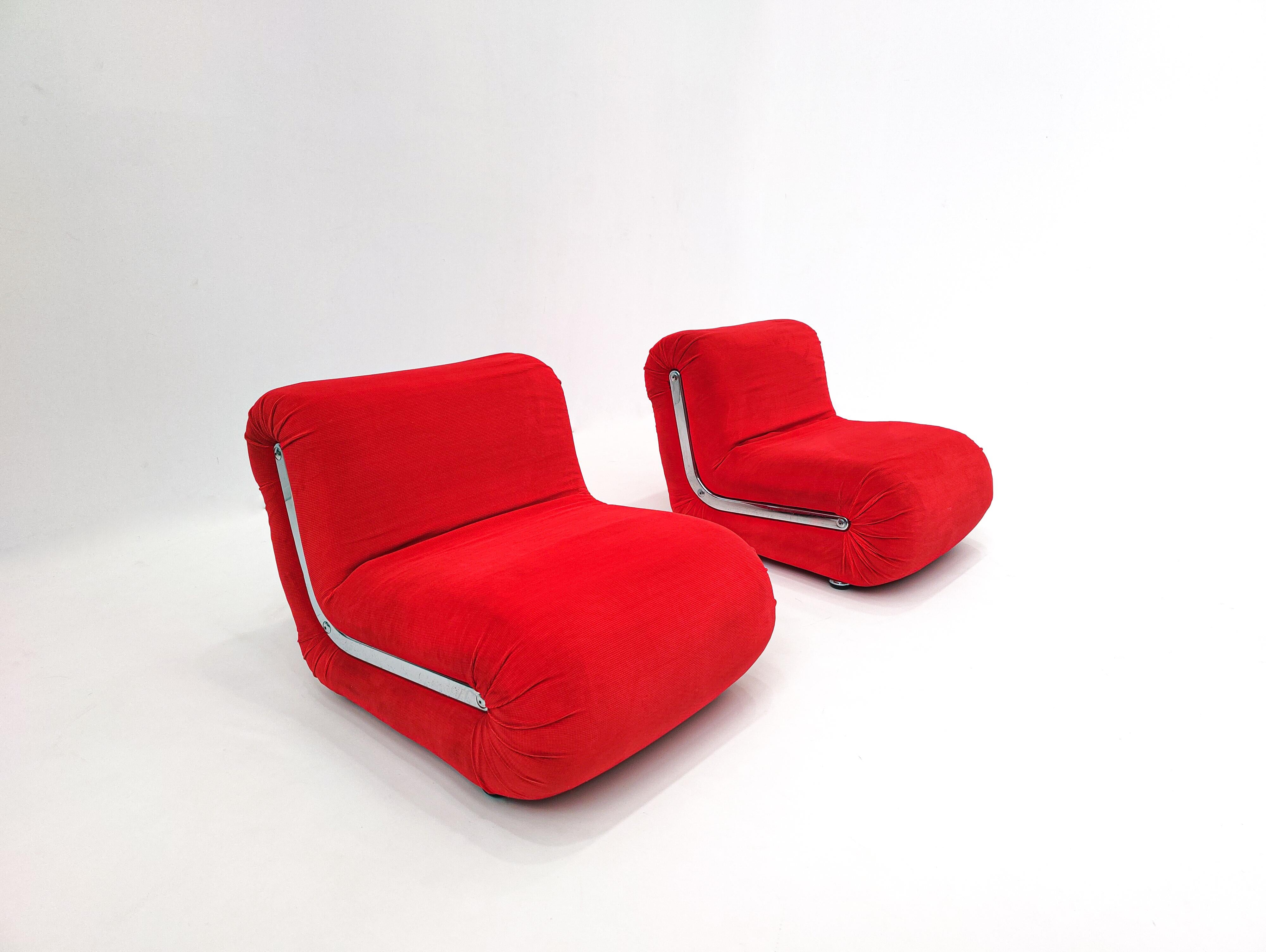 Pair of Red Boomerang Easy Chairs by Rodolfo Bonetto, 1960s, Italy.