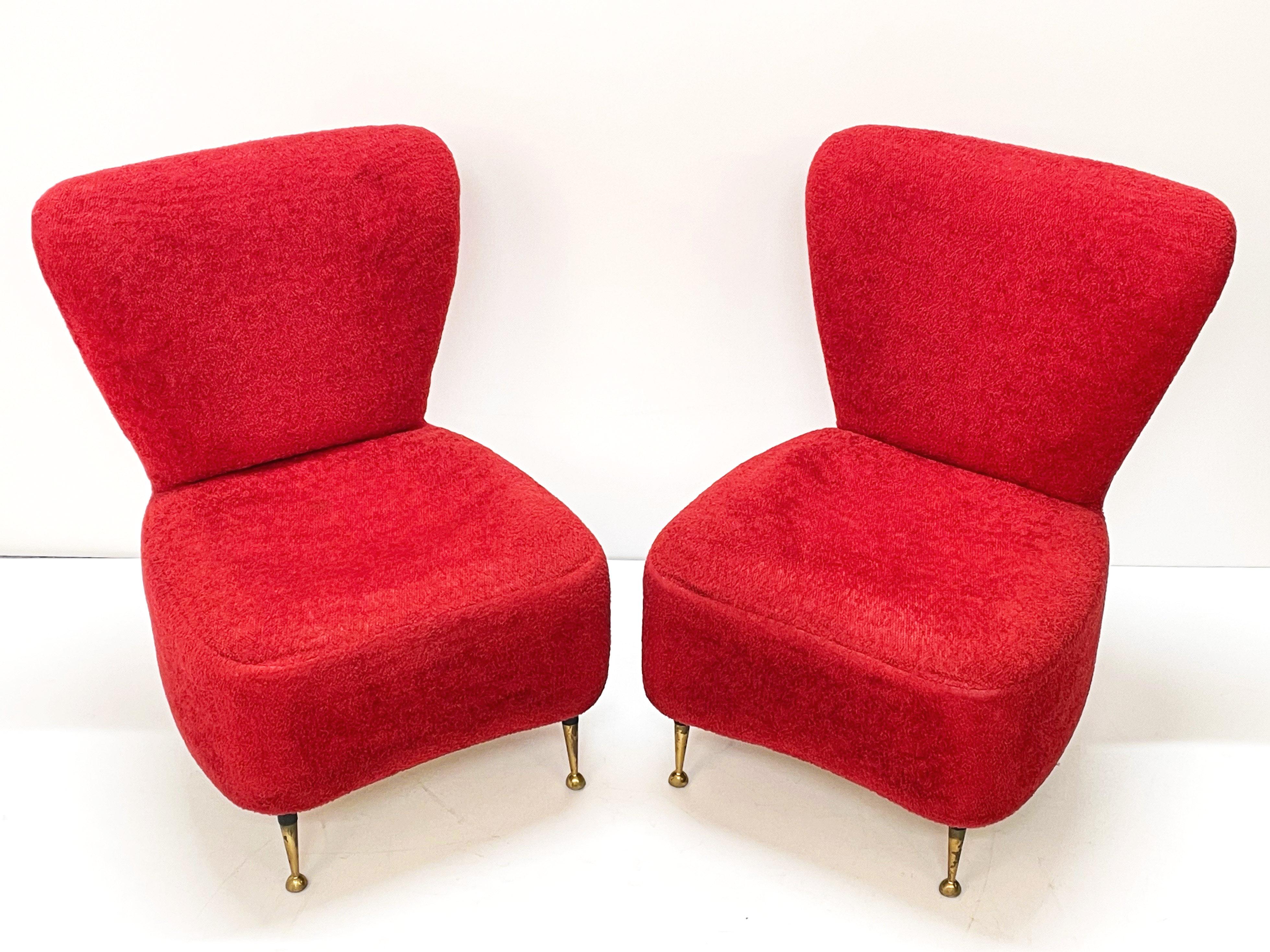 Pair of Red Bouclé Wool and Fabric Italian Armchairs with Brass Feet, 1950s 4