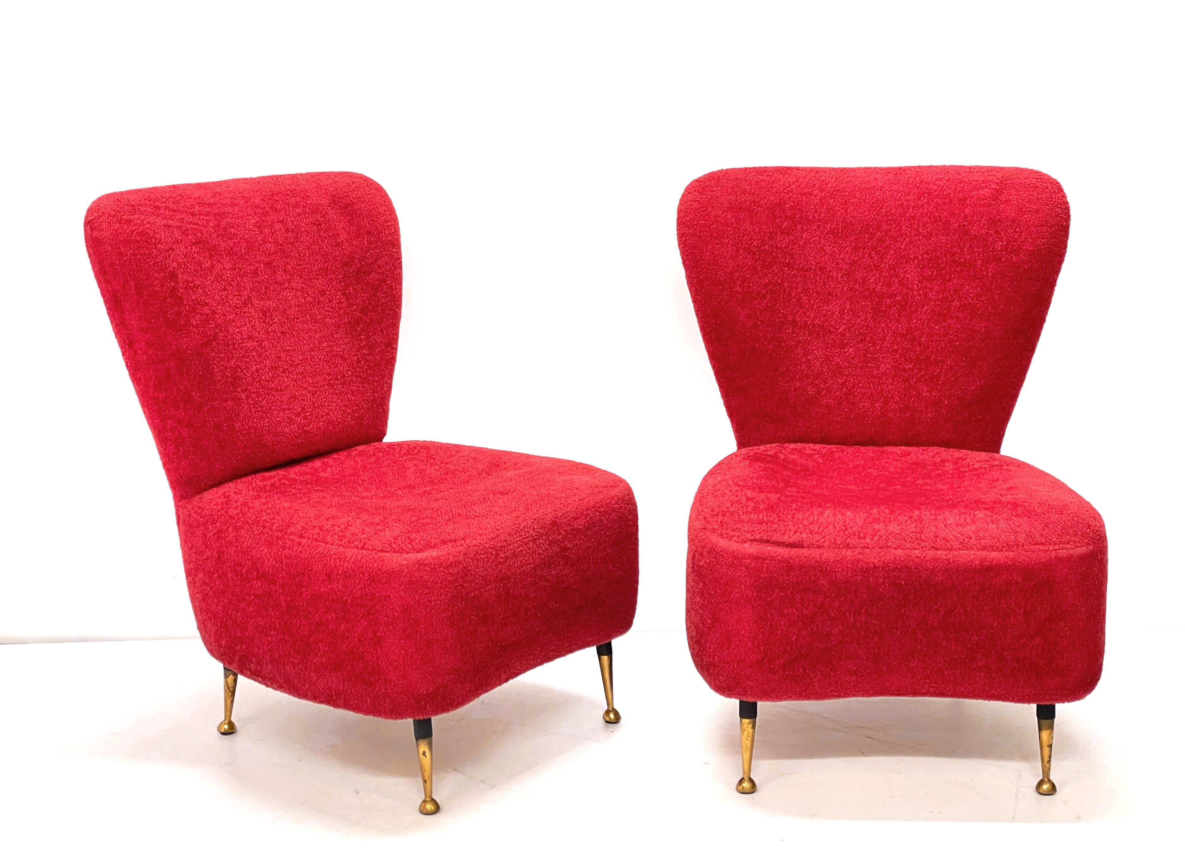 Pair of Red Bouclé Wool and Fabric Italian Armchairs with Brass Feet, 1950s 5