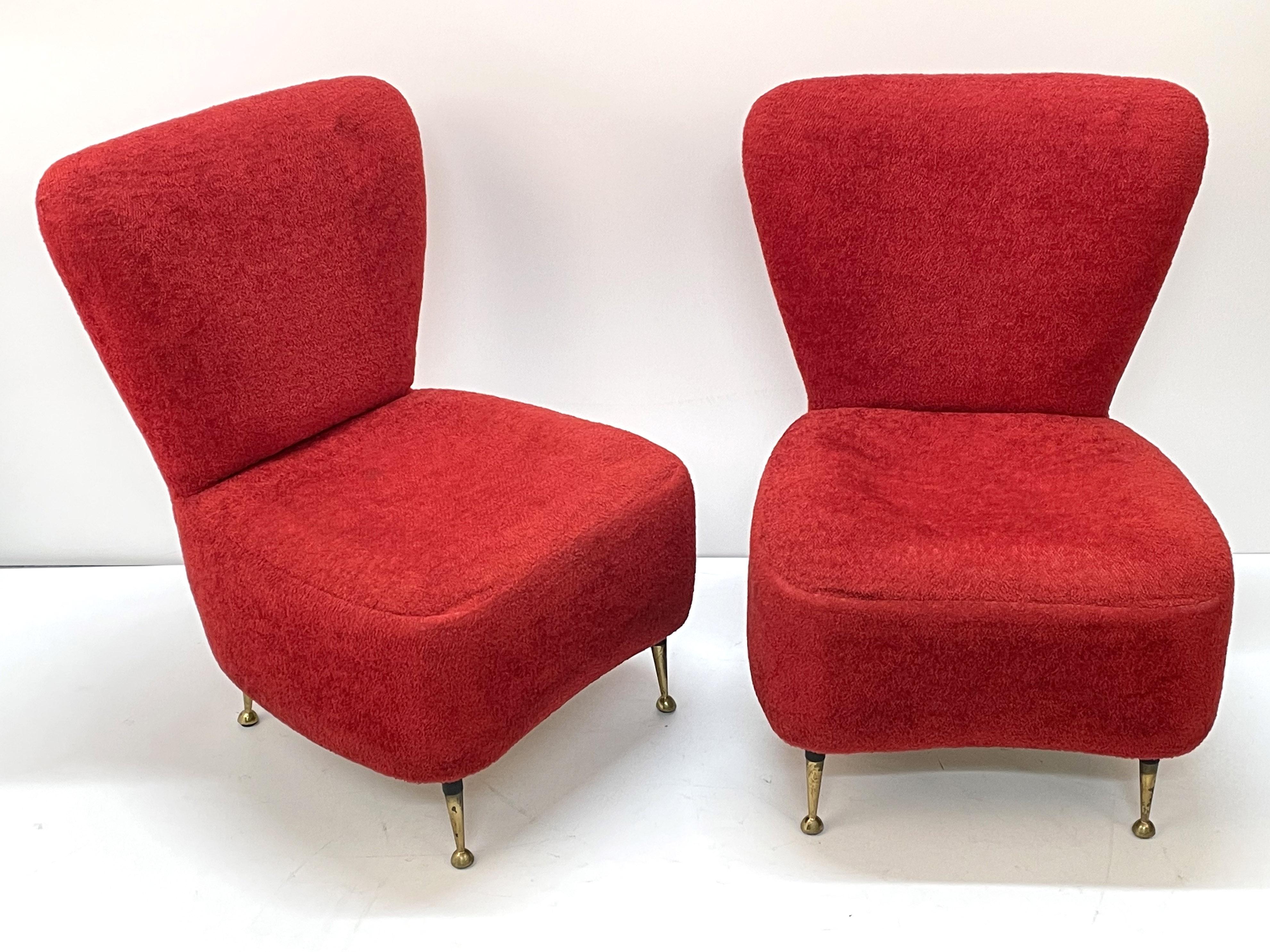 Pair of Red Bouclé Wool and Fabric Italian Armchairs with Brass Feet, 1950s 6