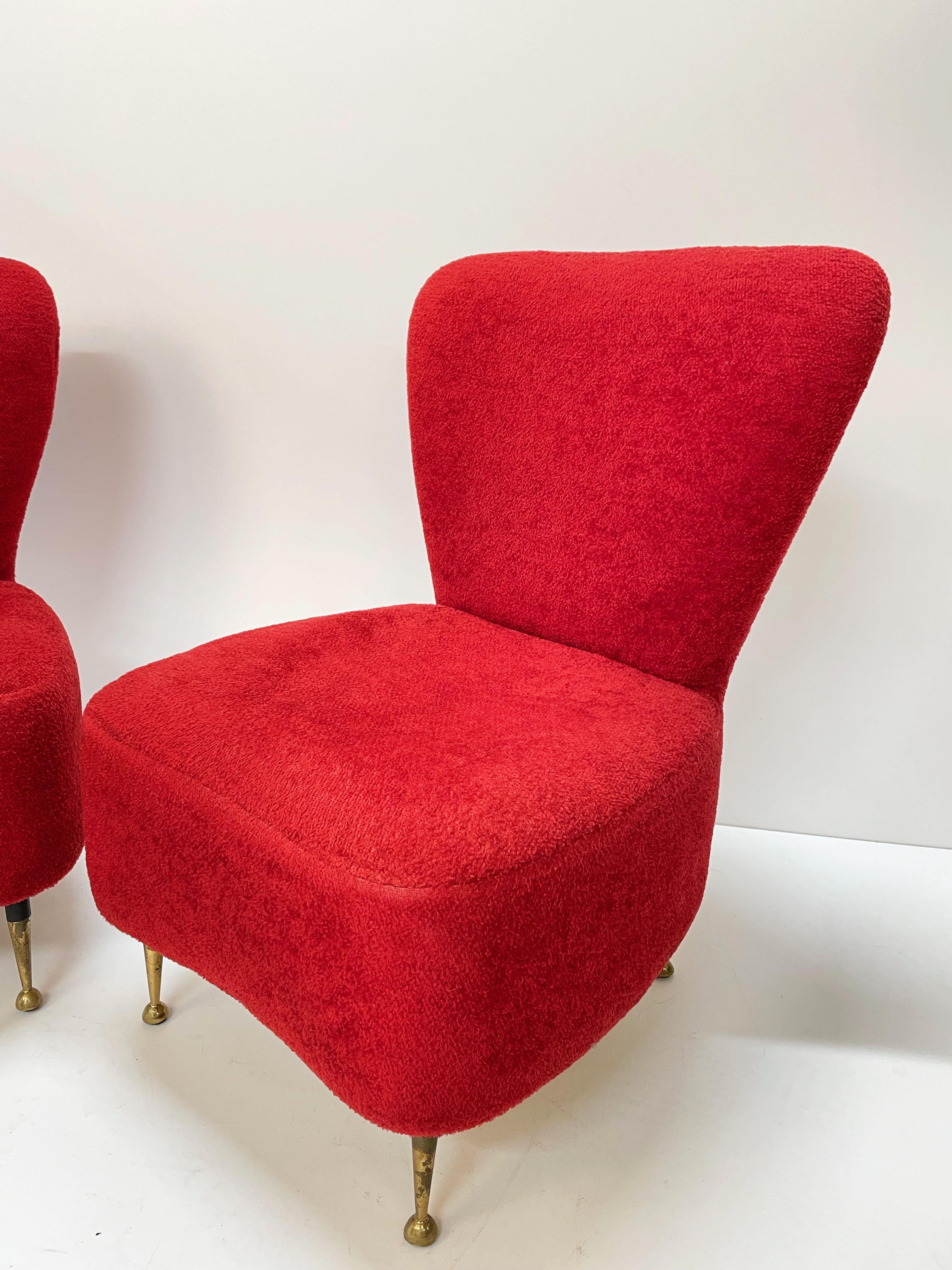 Pair of Red Bouclé Wool and Fabric Italian Armchairs with Brass Feet, 1950s 7