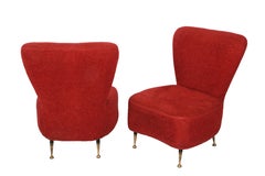 Pair of Red Bouclé Wool and Fabric Italian Armchairs with Brass Feet, 1950s