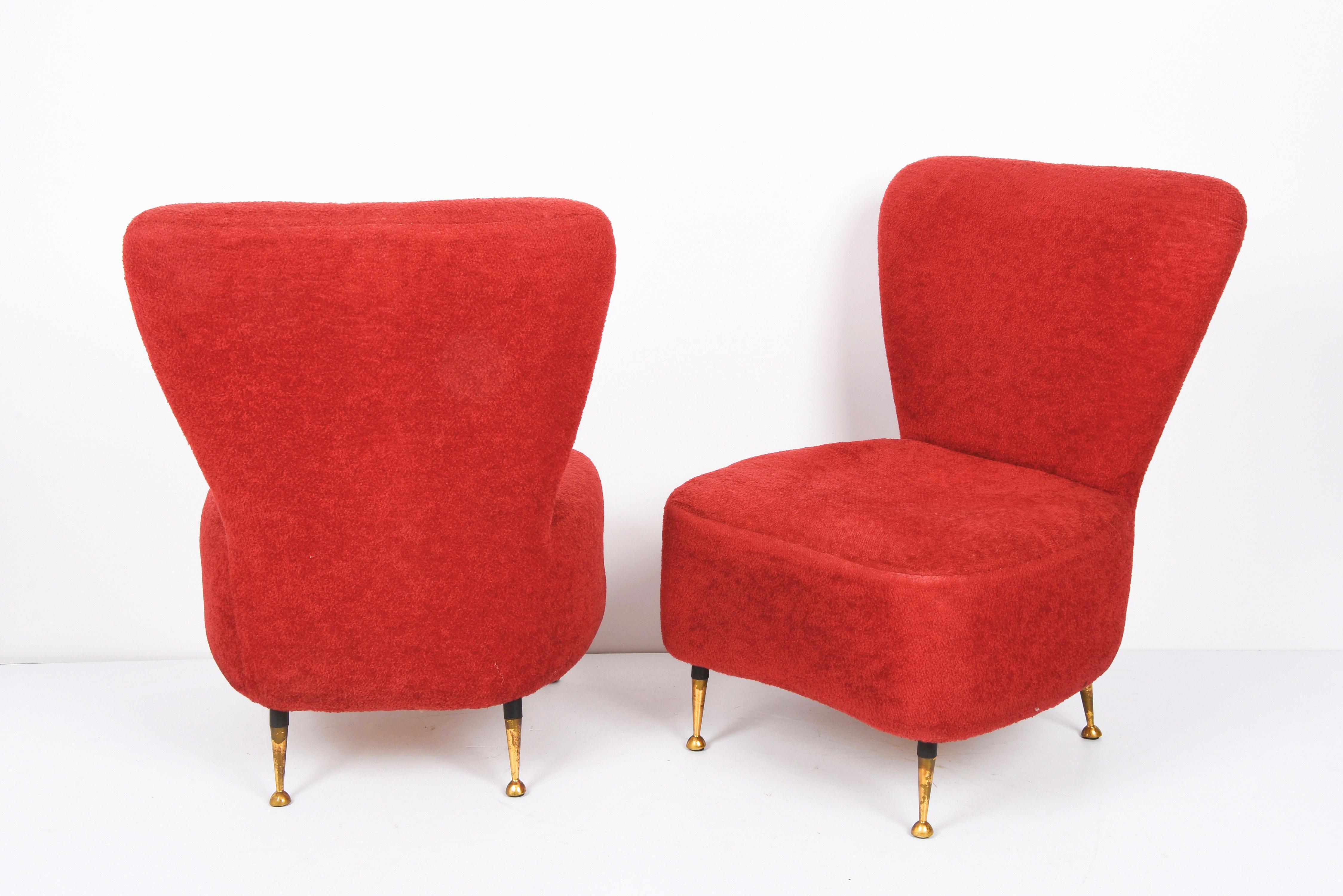 Mid-Century Modern Pair of Red Bouclé Wool and Fabric Italian Armchairs with Brass Feet, 1950s
