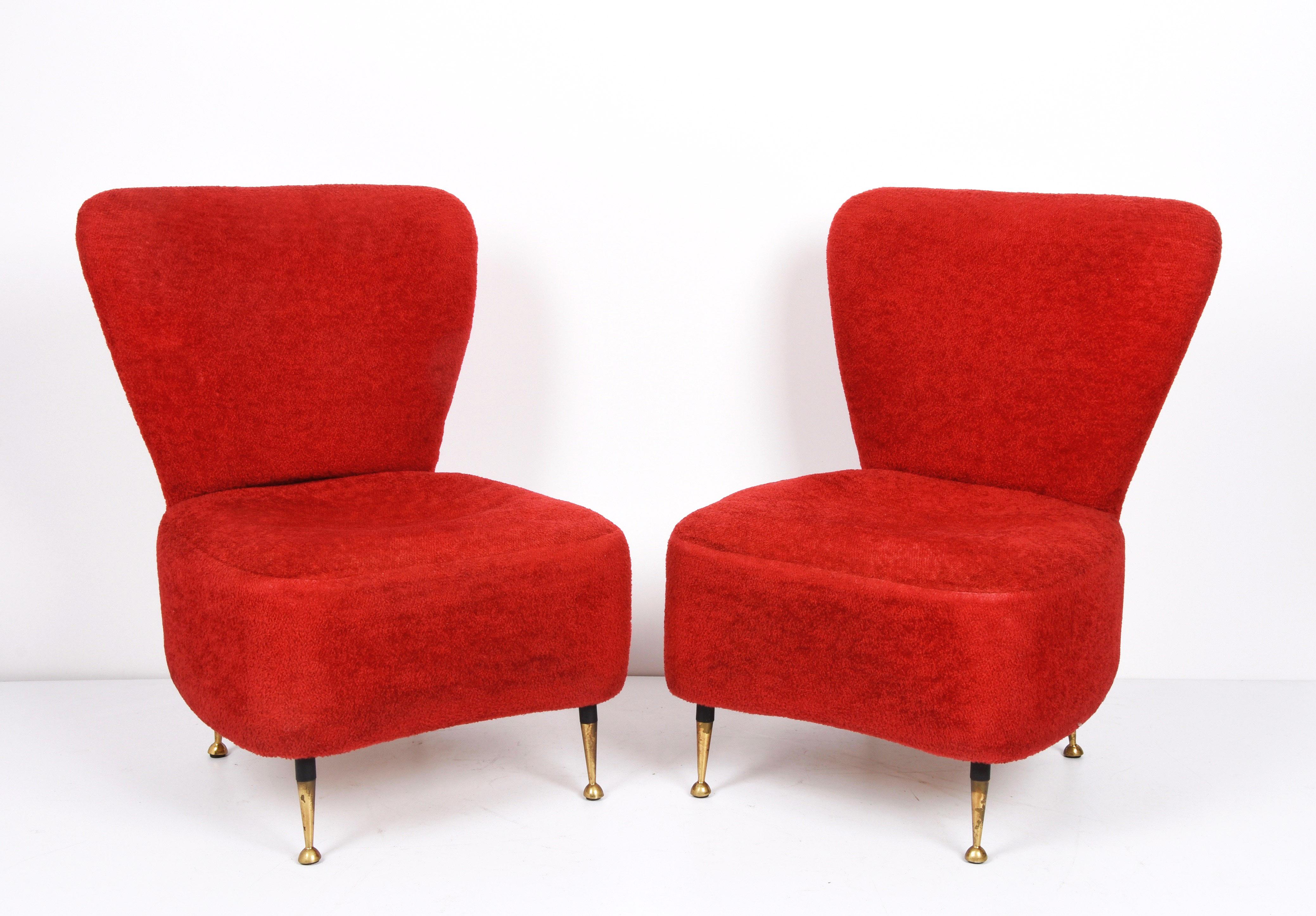 Pair of Red Bouclé Wool and Fabric Italian Armchairs with Brass Feet, 1950s In Good Condition In Roma, IT