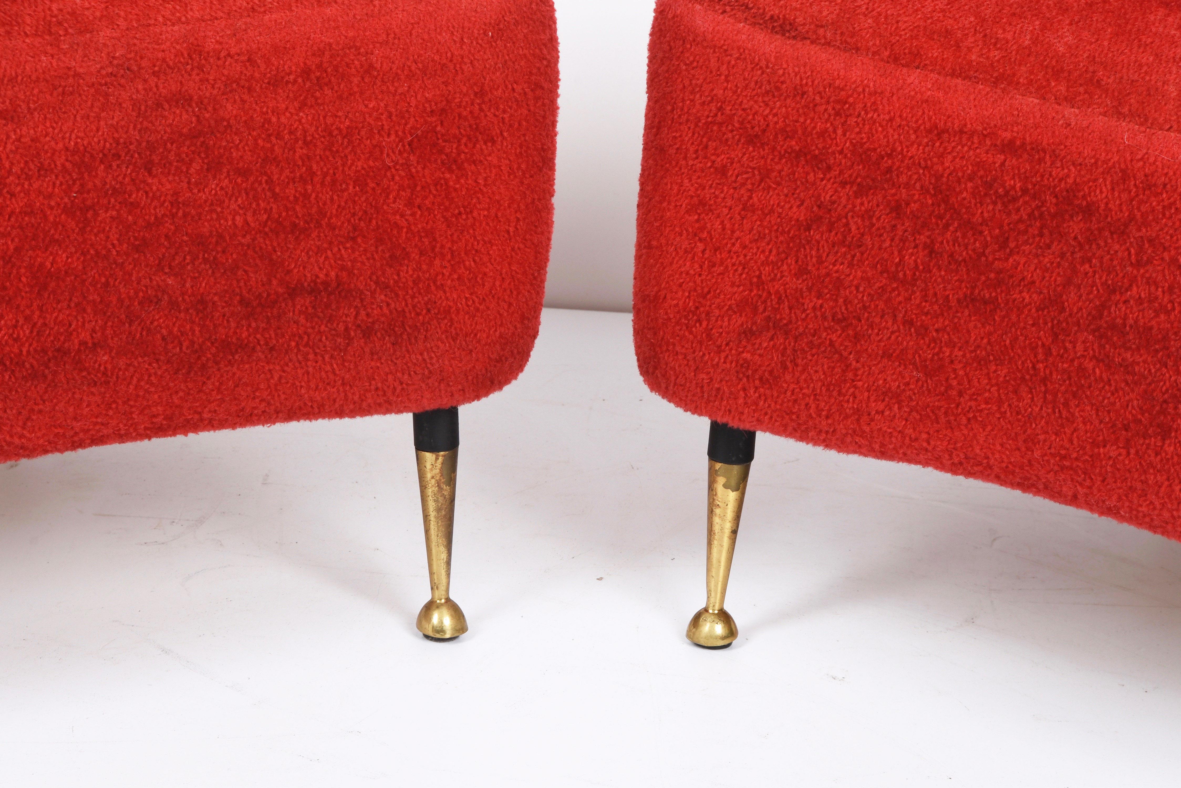 20th Century Pair of Red Bouclé Wool and Fabric Italian Armchairs with Brass Feet, 1950s