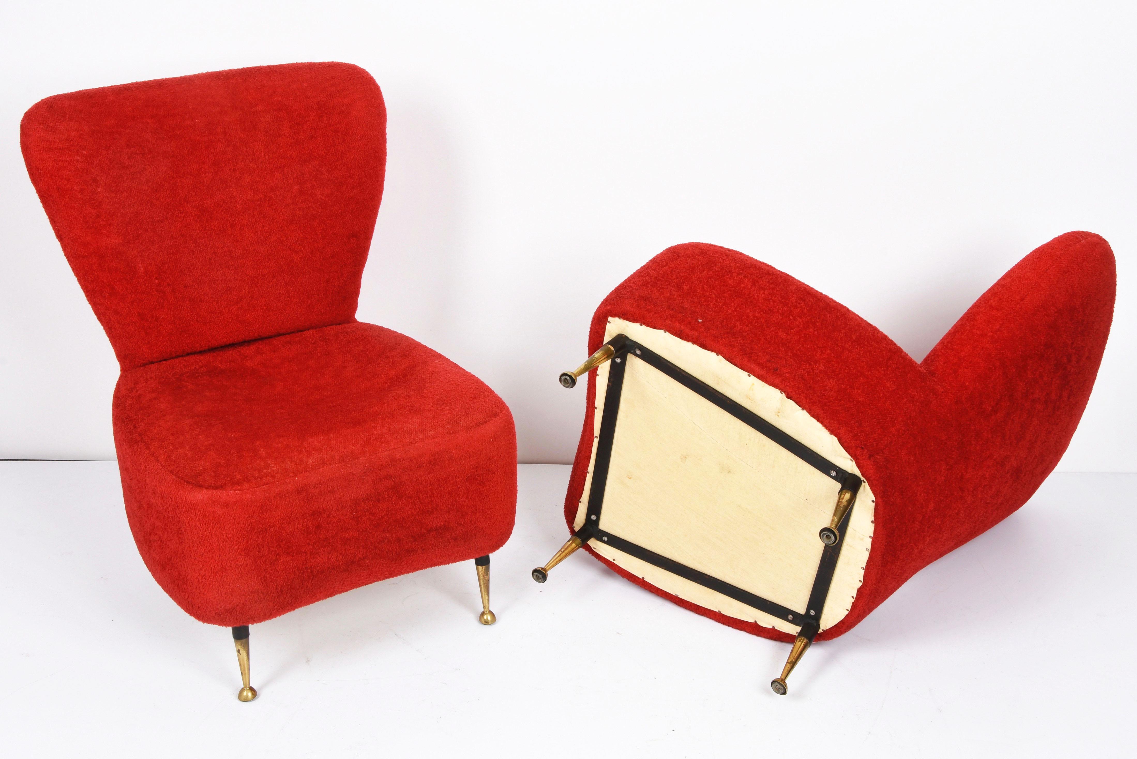 Metal Pair of Red Bouclé Wool and Fabric Italian Armchairs with Brass Feet, 1950s