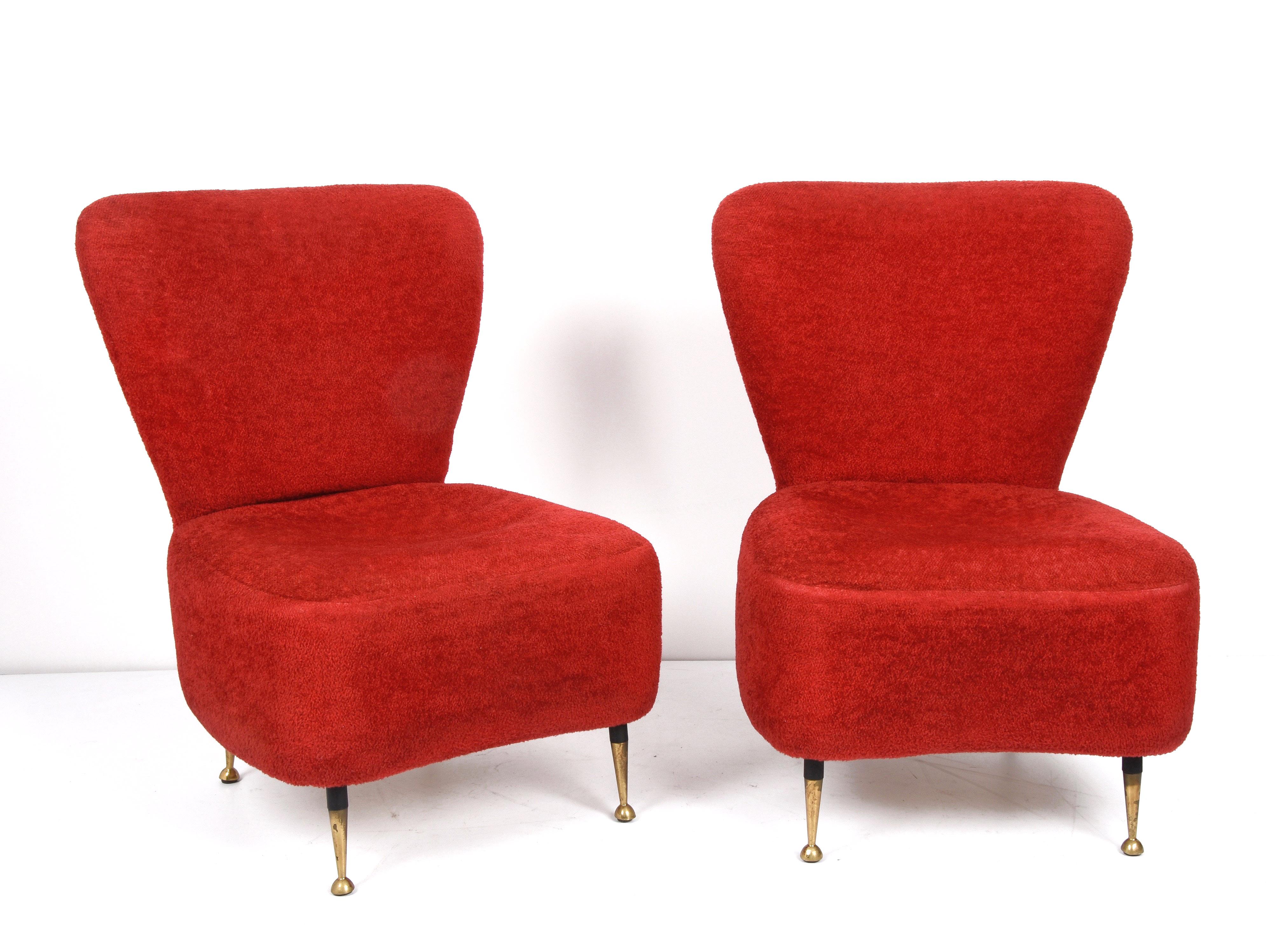 Pair of Red Bouclé Wool and Fabric Italian Armchairs with Brass Feet, 1950s 1