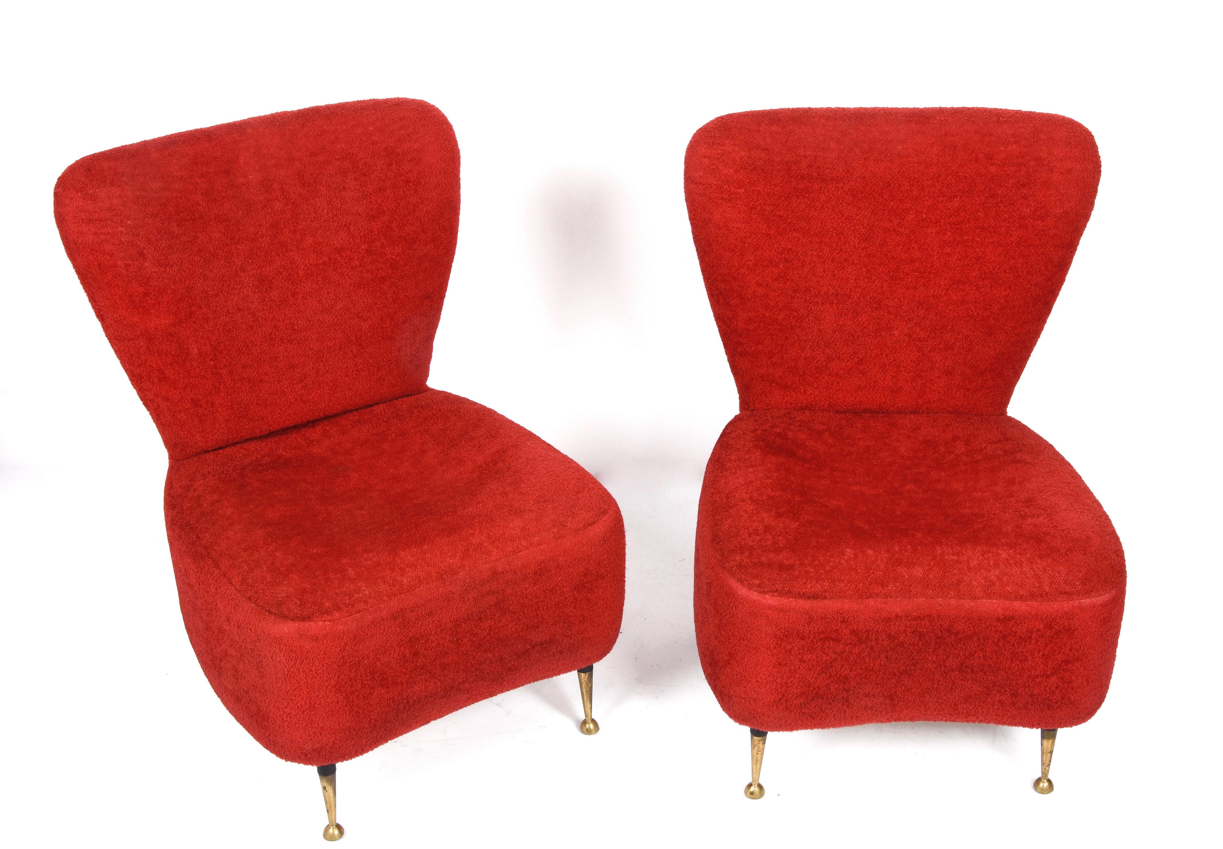 Pair of Red Bouclé Wool and Fabric Italian Armchairs with Brass Feet, 1950s 2