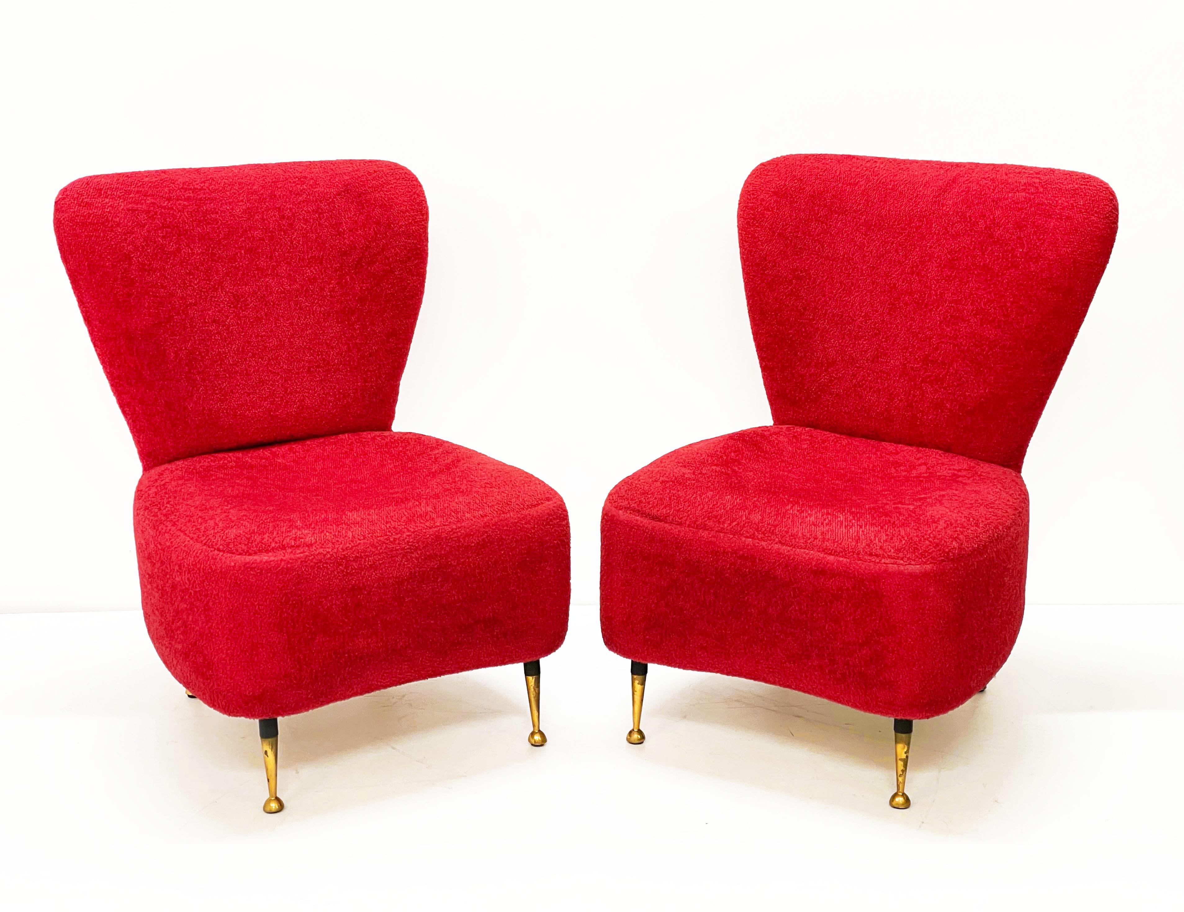 Pair of Red Bouclé Wool and Fabric Italian Armchairs with Brass Feet, 1950s 3