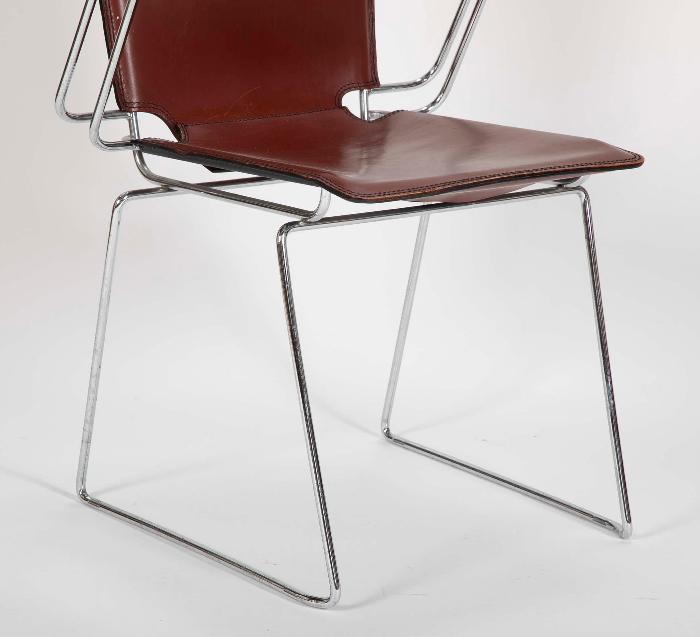 Modern Pair of Red/Brown Leather and Metal Frame Chairs