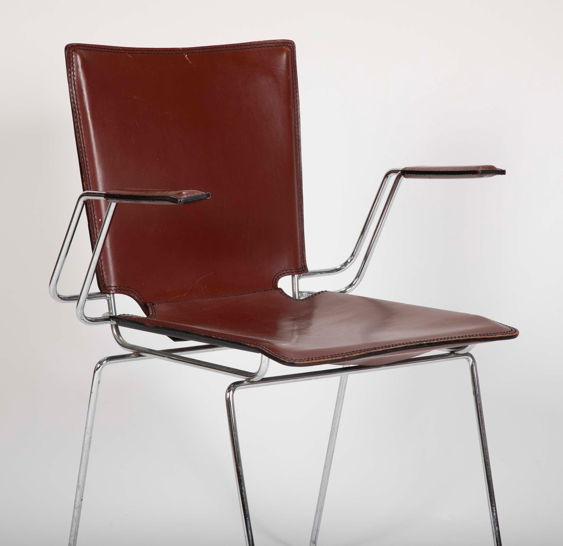 Italian Pair of Red/Brown Leather and Metal Frame Chairs